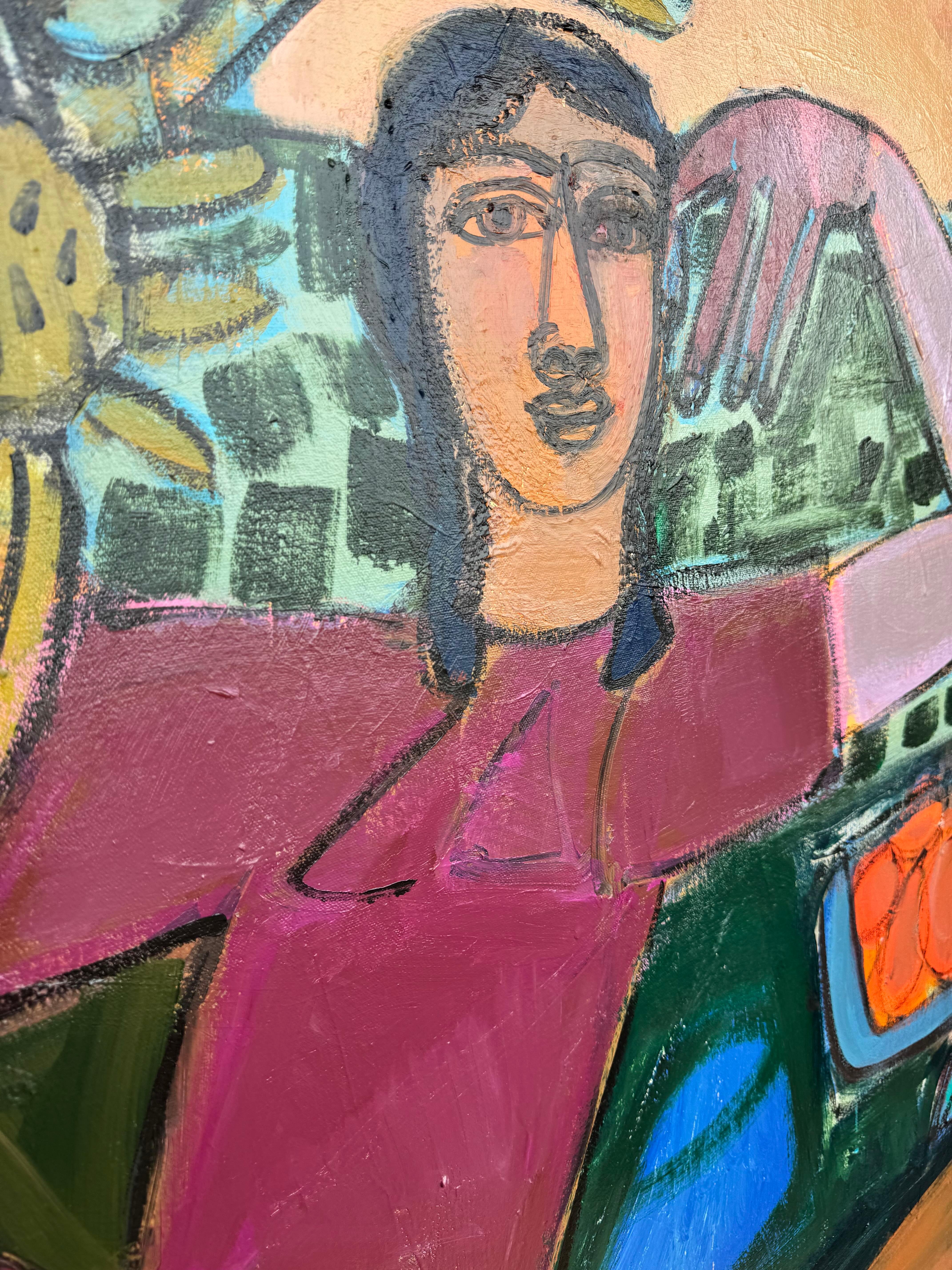 Figuras abstractas de perro y mujer, acrílico sobre lienzo, hora dorada por Rebecca Jack en venta 1
