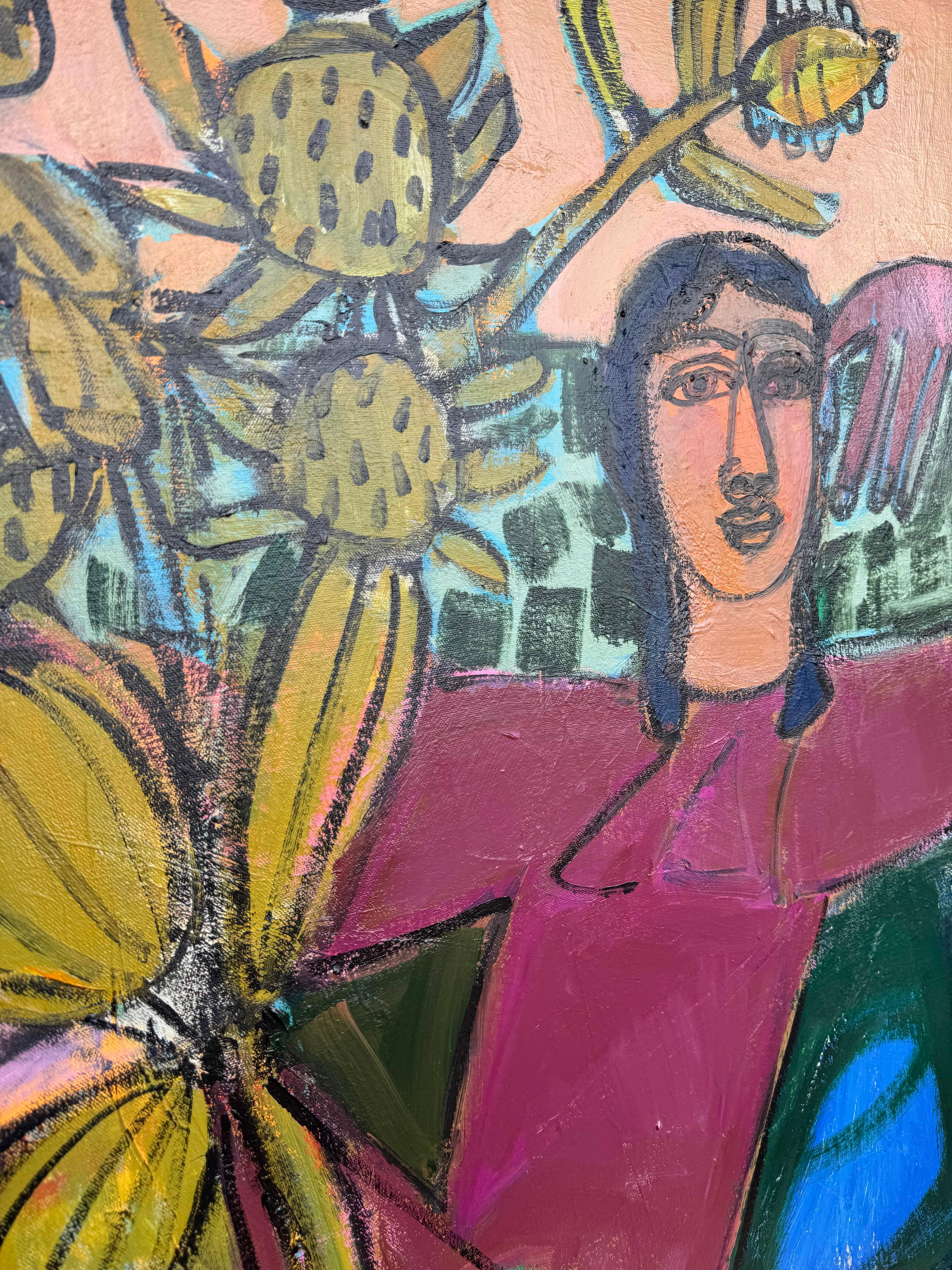 Figuras abstractas de perro y mujer, acrílico sobre lienzo, hora dorada por Rebecca Jack en venta 3