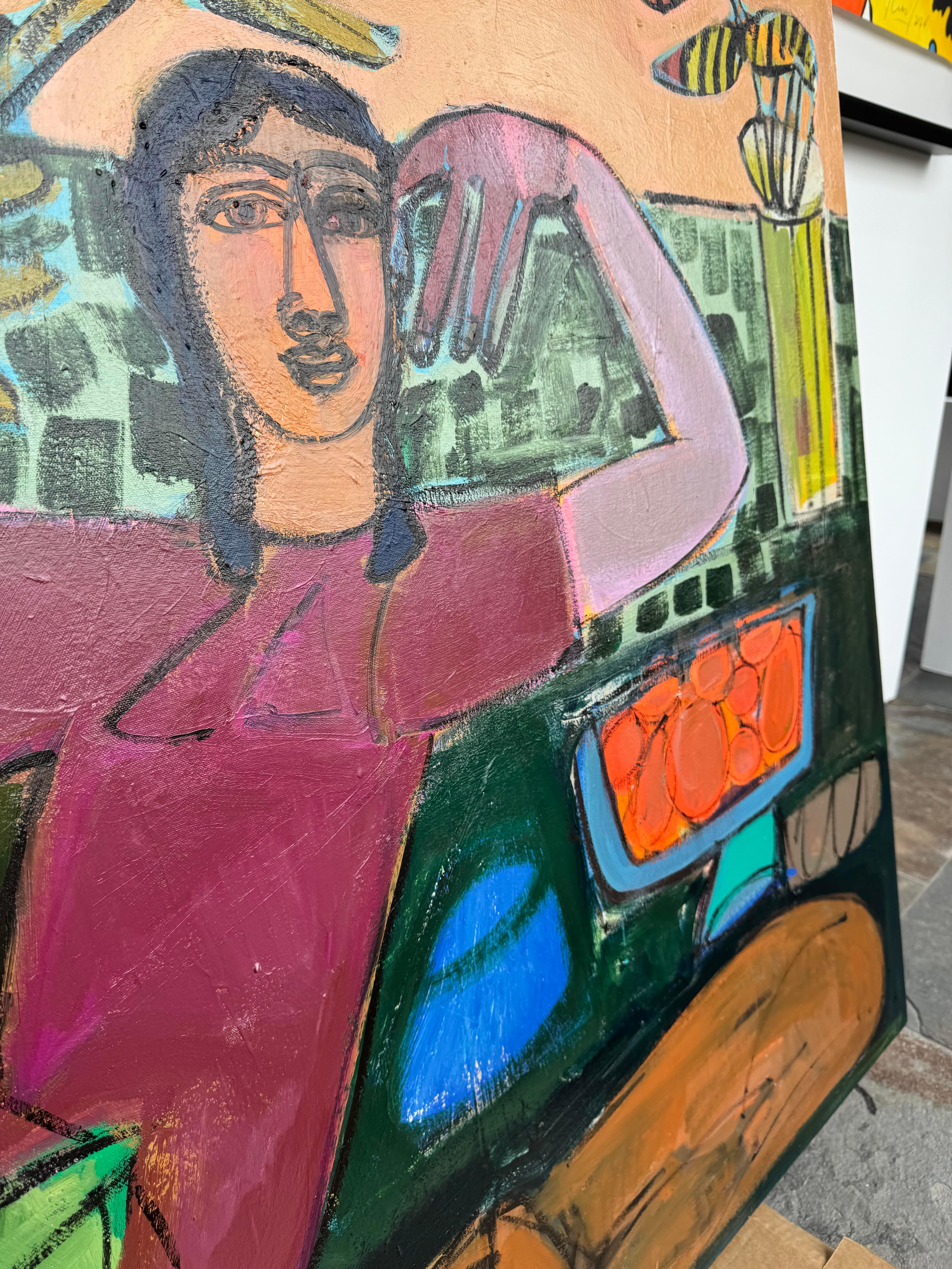Figuras abstractas de perro y mujer, acrílico sobre lienzo, hora dorada por Rebecca Jack en venta 4
