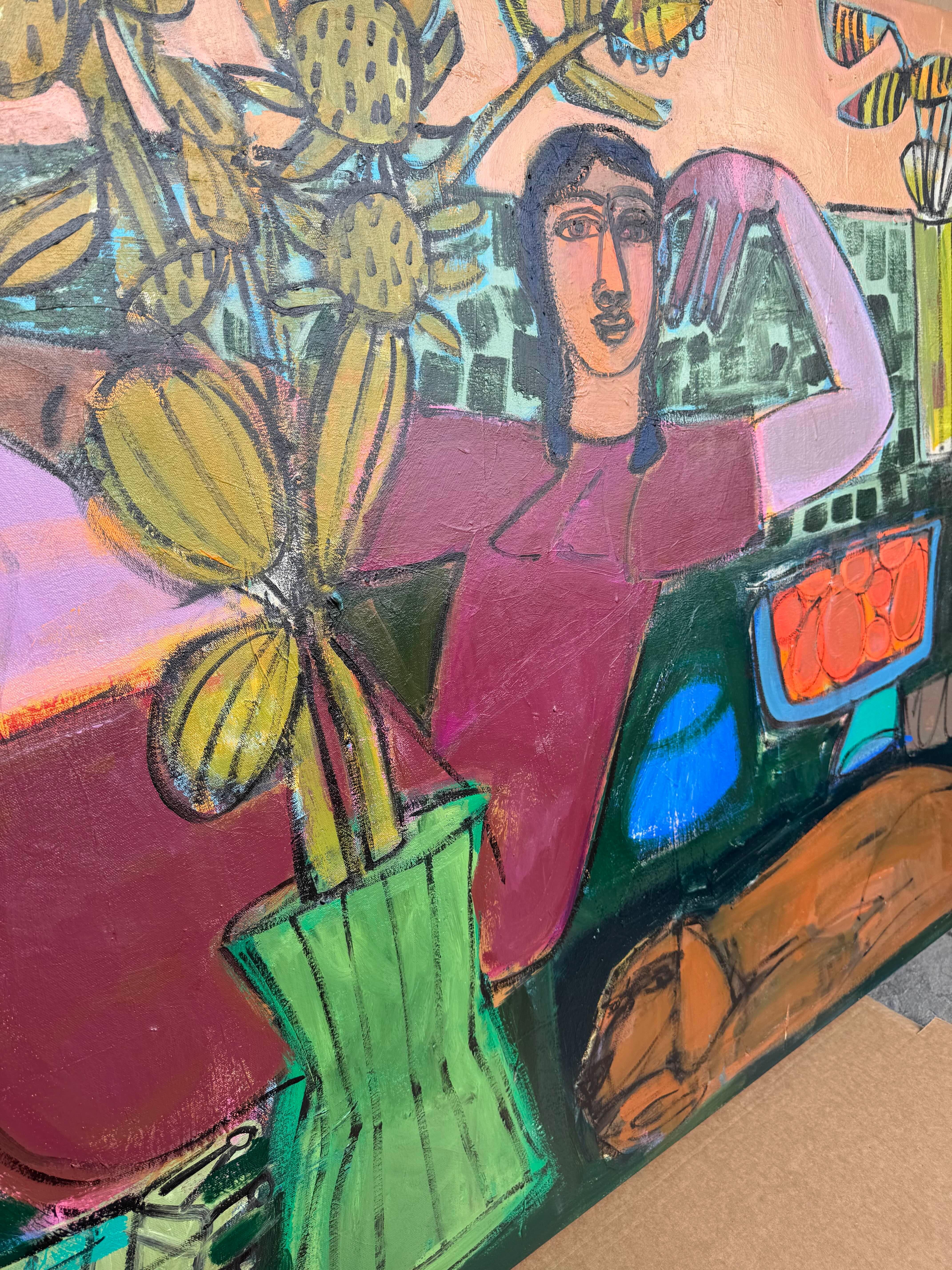 Figuras abstractas de perro y mujer, acrílico sobre lienzo, hora dorada por Rebecca Jack en venta 5
