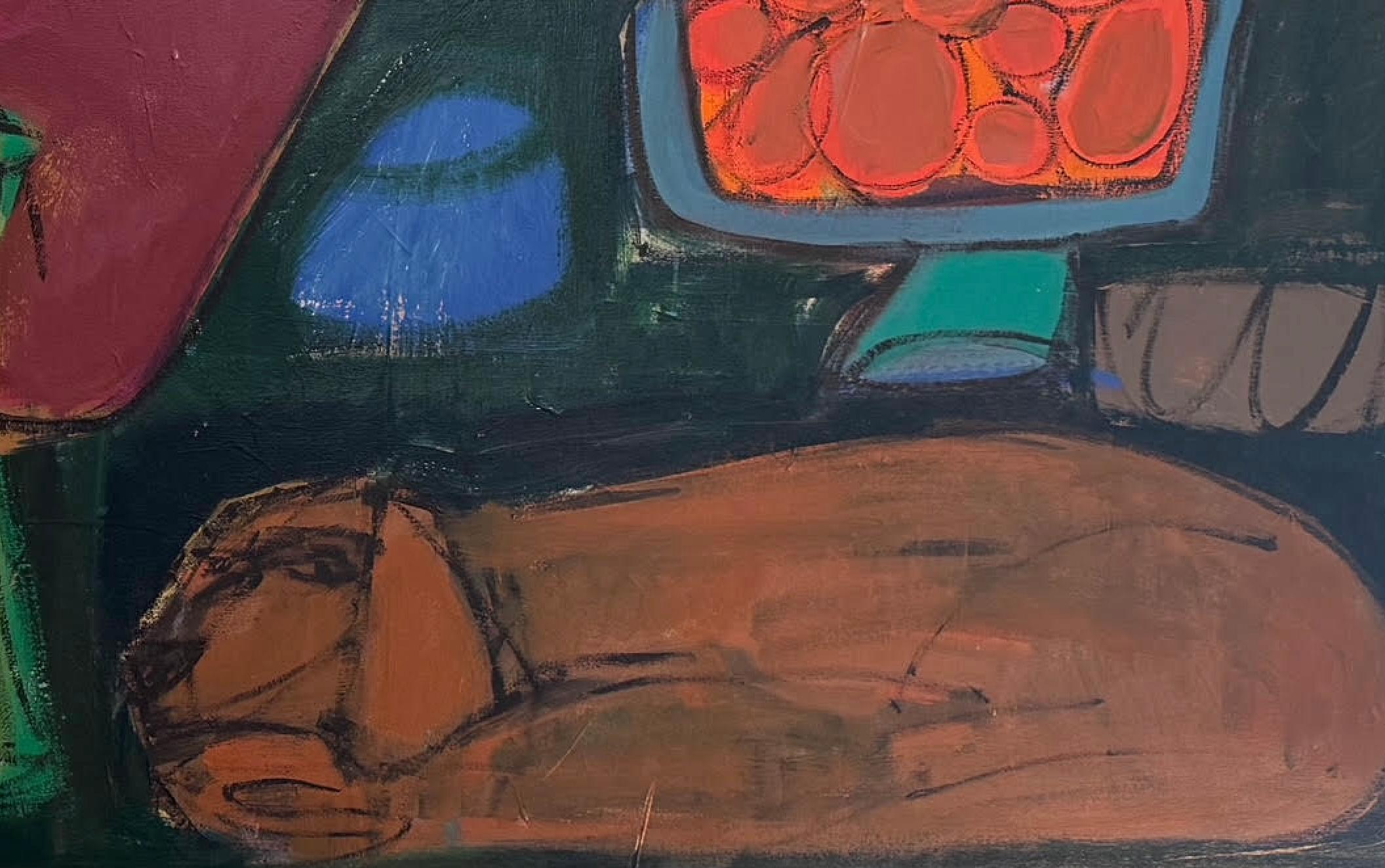 Figuras abstractas de perro y mujer, acrílico sobre lienzo, hora dorada por Rebecca Jack en venta 6