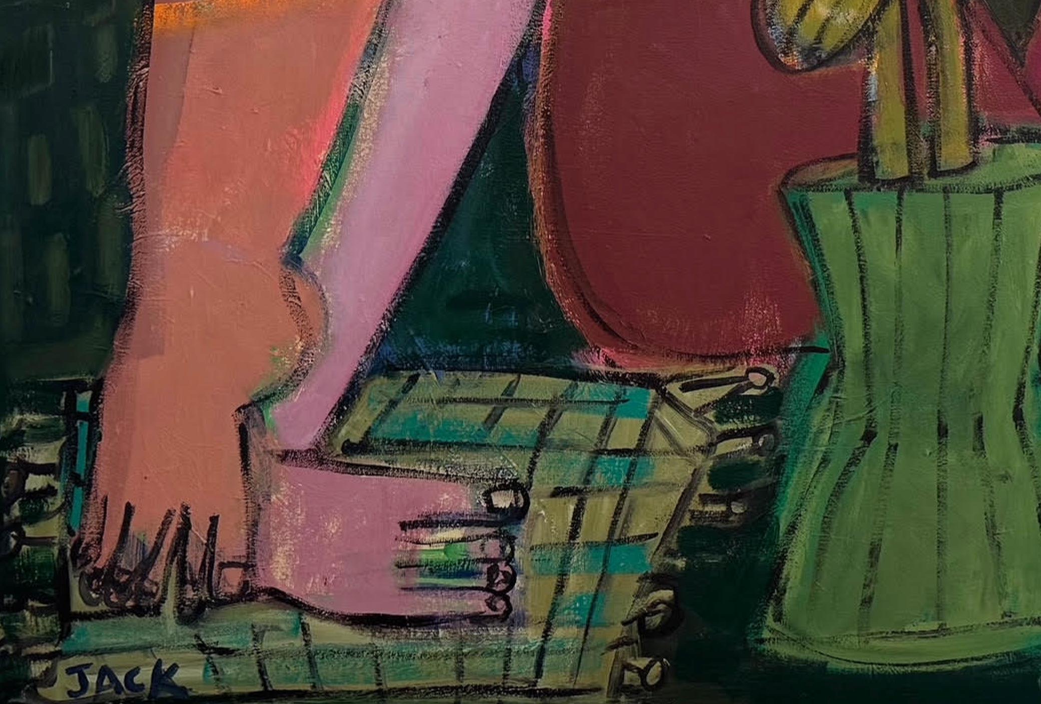 Figuras abstractas de perro y mujer, acrílico sobre lienzo, hora dorada por Rebecca Jack en venta 7