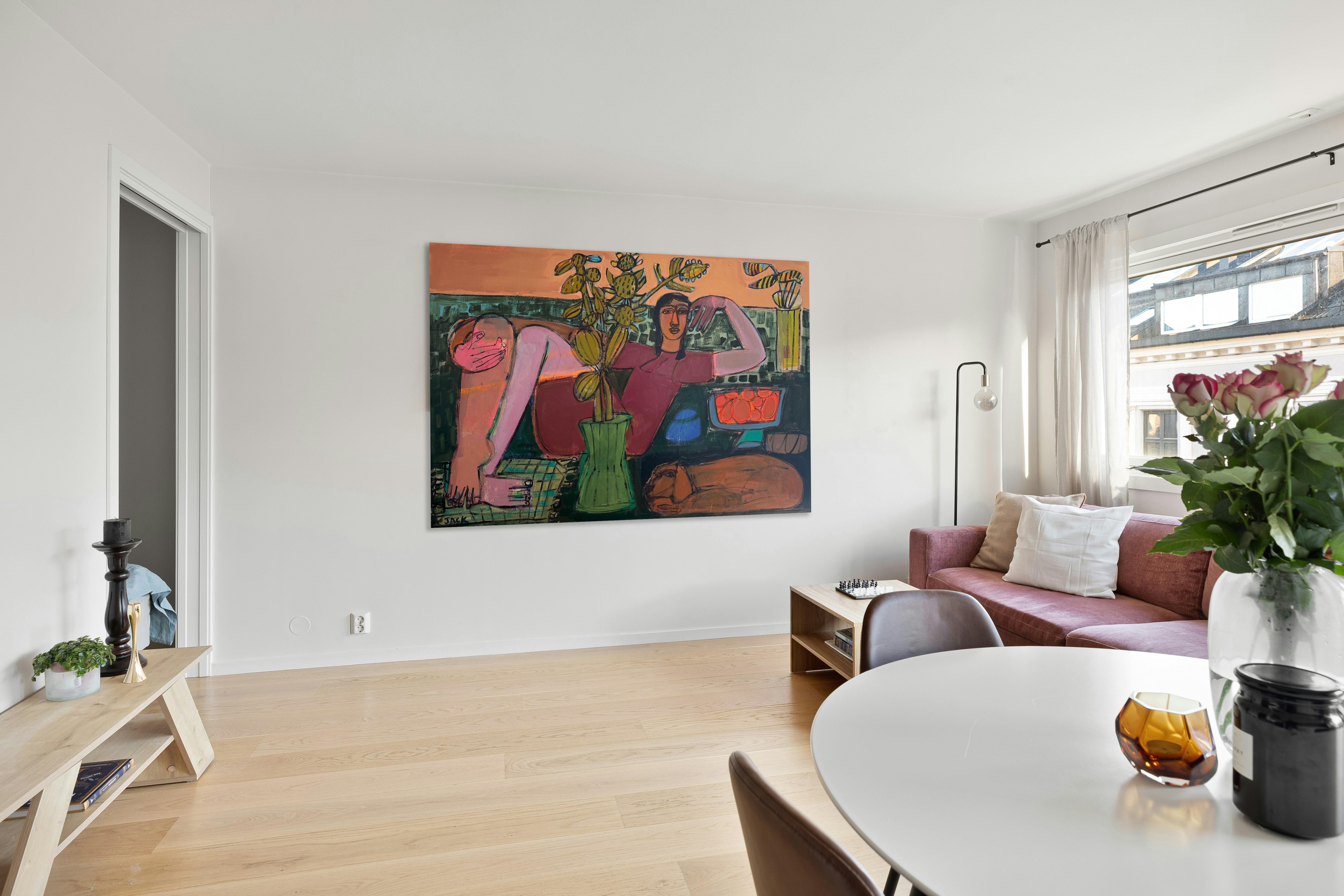 Figuras abstractas de perro y mujer, acrílico sobre lienzo, hora dorada por Rebecca Jack en venta 8