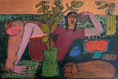 Dog and Woman Abstracted Figures, Acrylic on Canvas, Golden Hour by Rebecca Jack