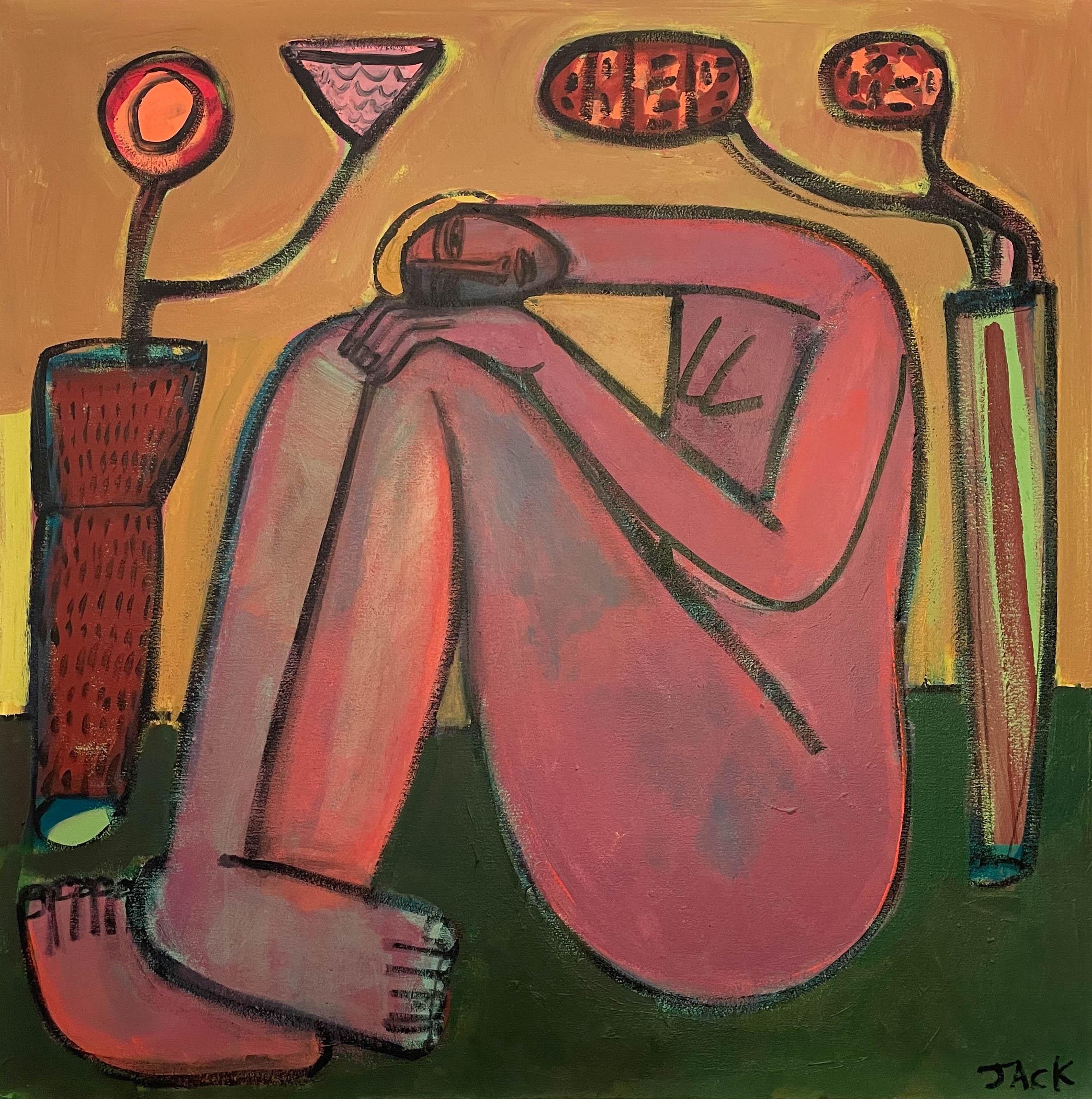 Rebecca Jack
"Banou"
Oil & Acrylic on Canvas
40 x 40 in.  
41.25 x 41.25 in. Framed 
__________________________

Rebecca Jack, an intuitive painter, creates vibrant, figurative works that highlight the beauty of imperfection through visible