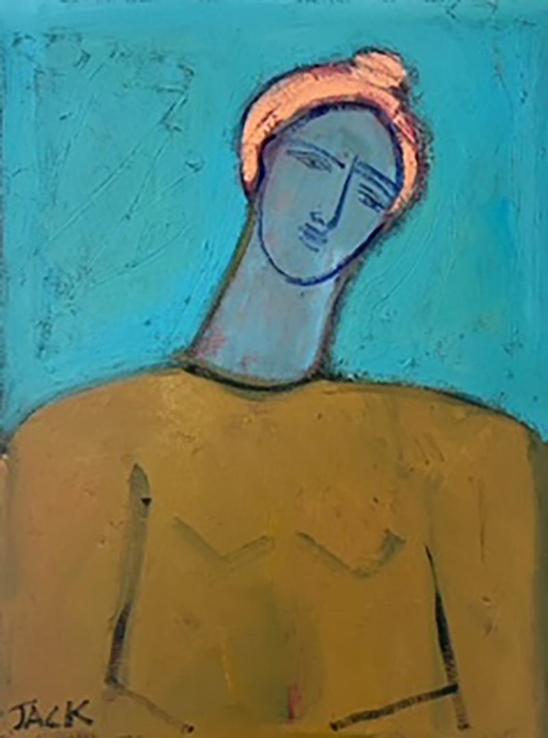 Rebecca Jack
"Nina"
Oil & Acrylic on Canvas
24 x 18 in.  
25.25 x 19.25 in. Framed 
__________________________

Rebecca Jack, an intuitive painter, creates vibrant, figurative works that highlight the beauty of imperfection through visible layering,