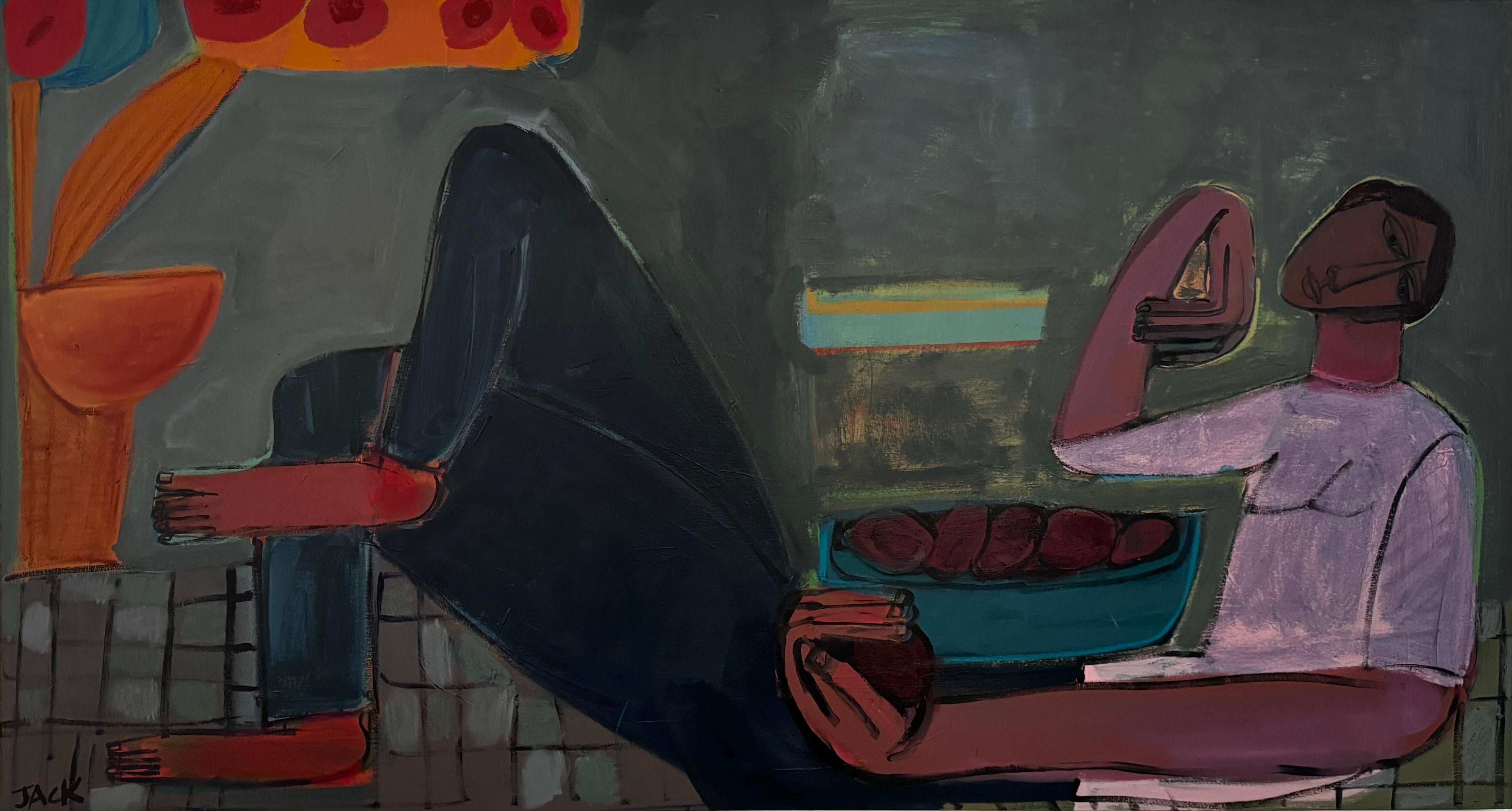 Obst, Frau Abstrahierte Figur, Acryl auf Leinwand, Patio Woman von Rebecca Jack