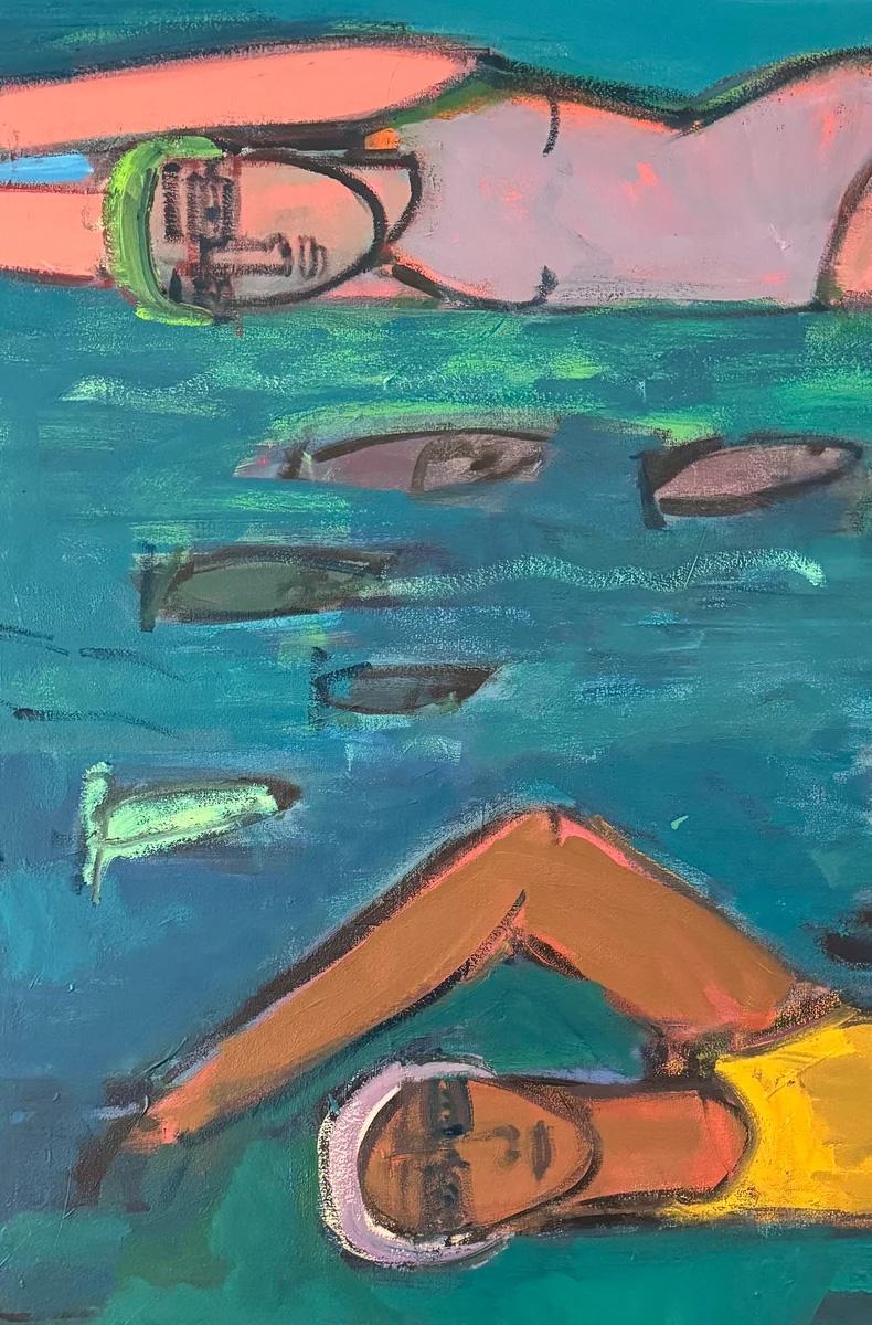 Figuras nadando con peces, acrílico y óleo, Deep Sea 2 de Rebecca Jack 1