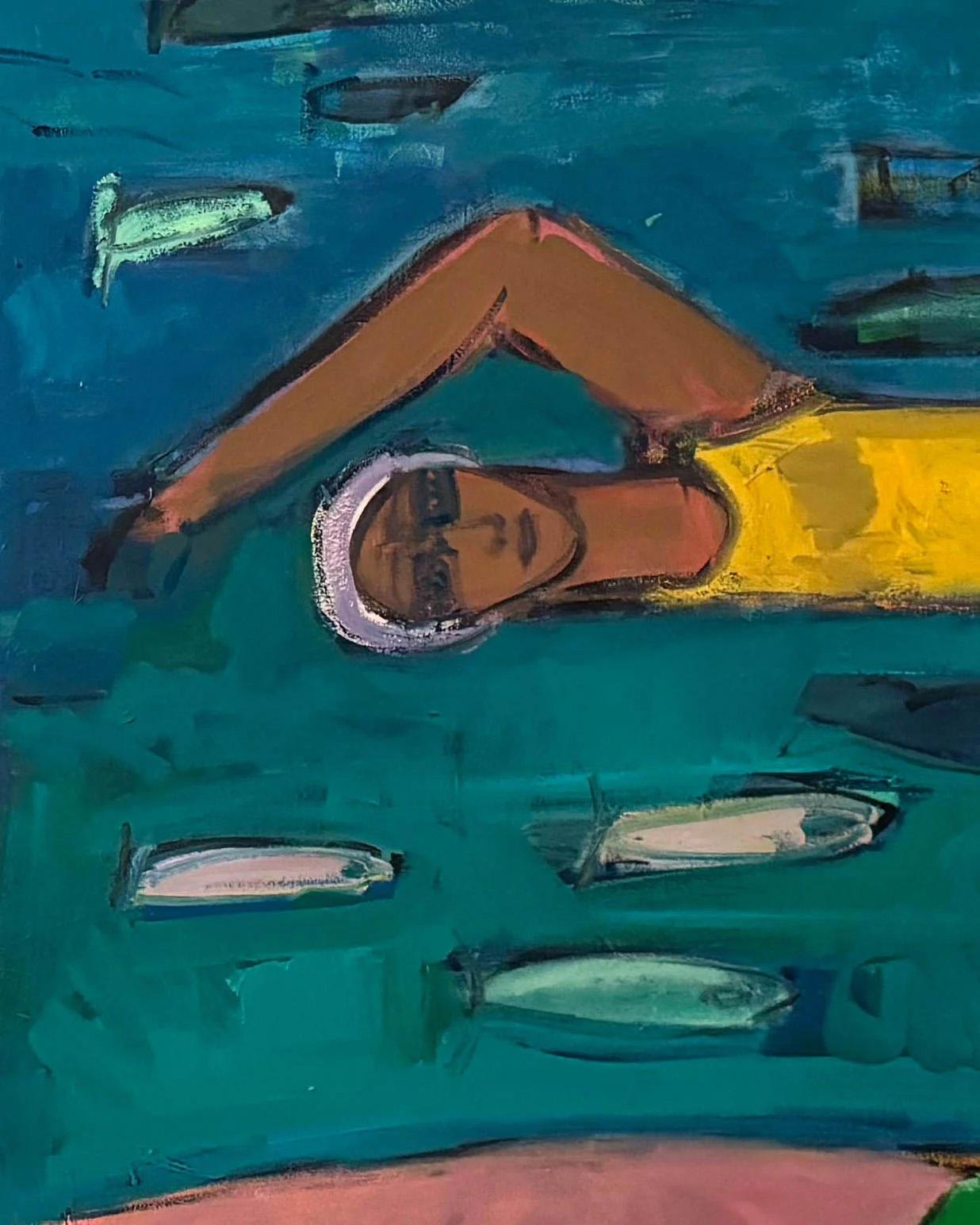 Figuras nadando con peces, acrílico y óleo, Deep Sea 2 de Rebecca Jack 2