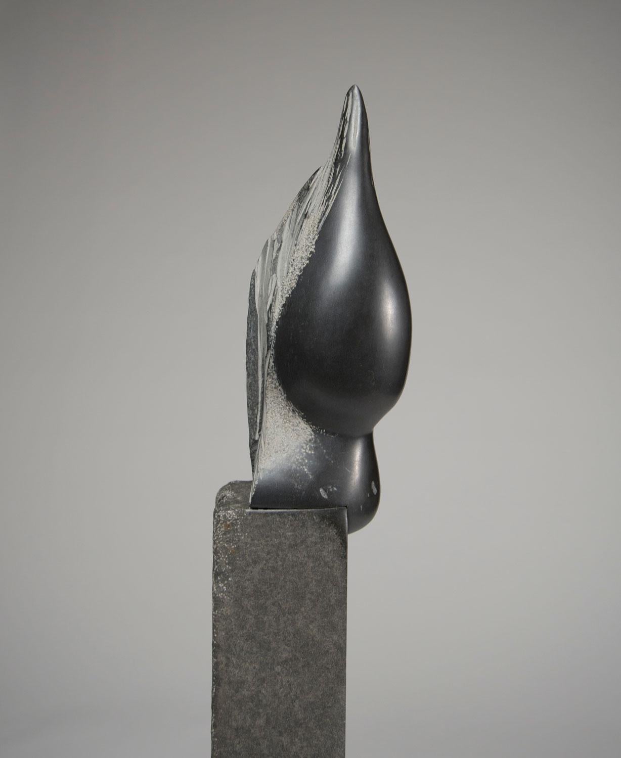 In Rebecca Johnson's stone sculpture “Aquifer,” two lusciously polished basalt raindrops stand perched at the edge of the tall base as if ready to fall off, leaving behind only dryness.

Inspired by the parched Northern California climate, the