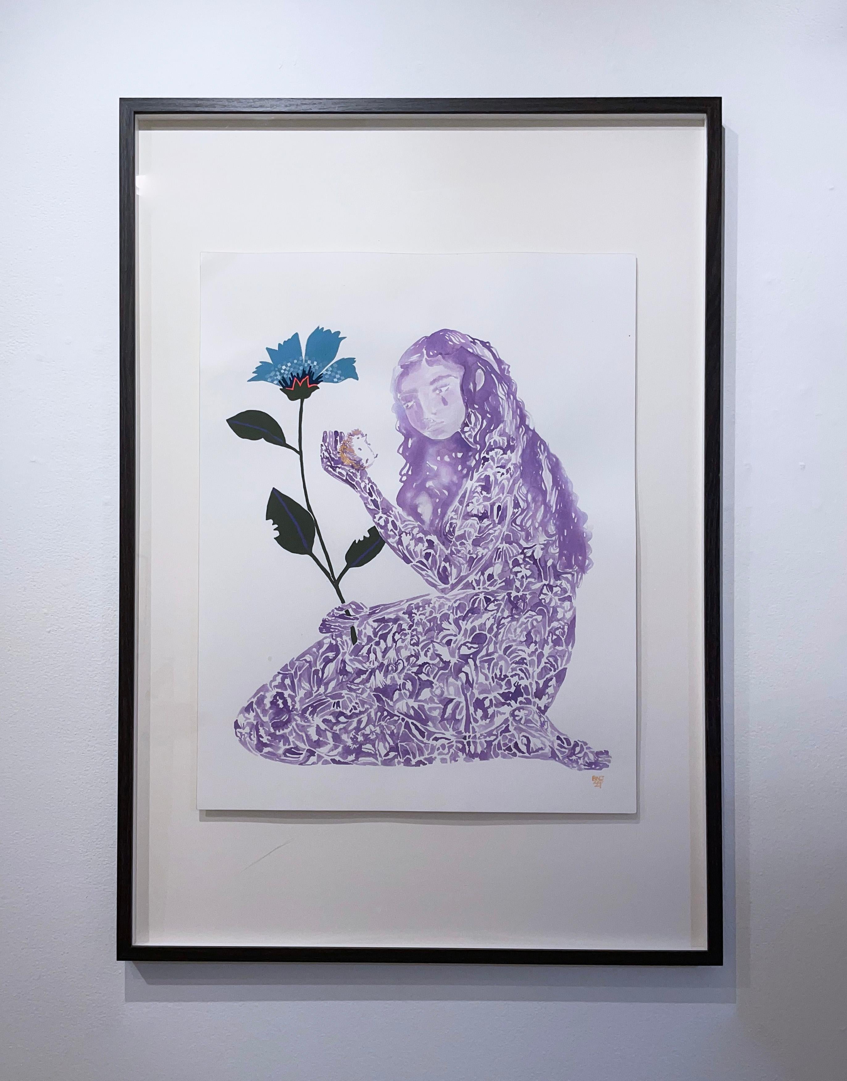 Bittersweet, 2021, female figure, flower, plant, purple, blue, folk art style - Painting by Rebecca Johnson