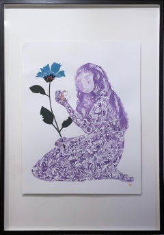 Bittersweet, 2021, female figure, flower, plant, purple, blue, folk art style