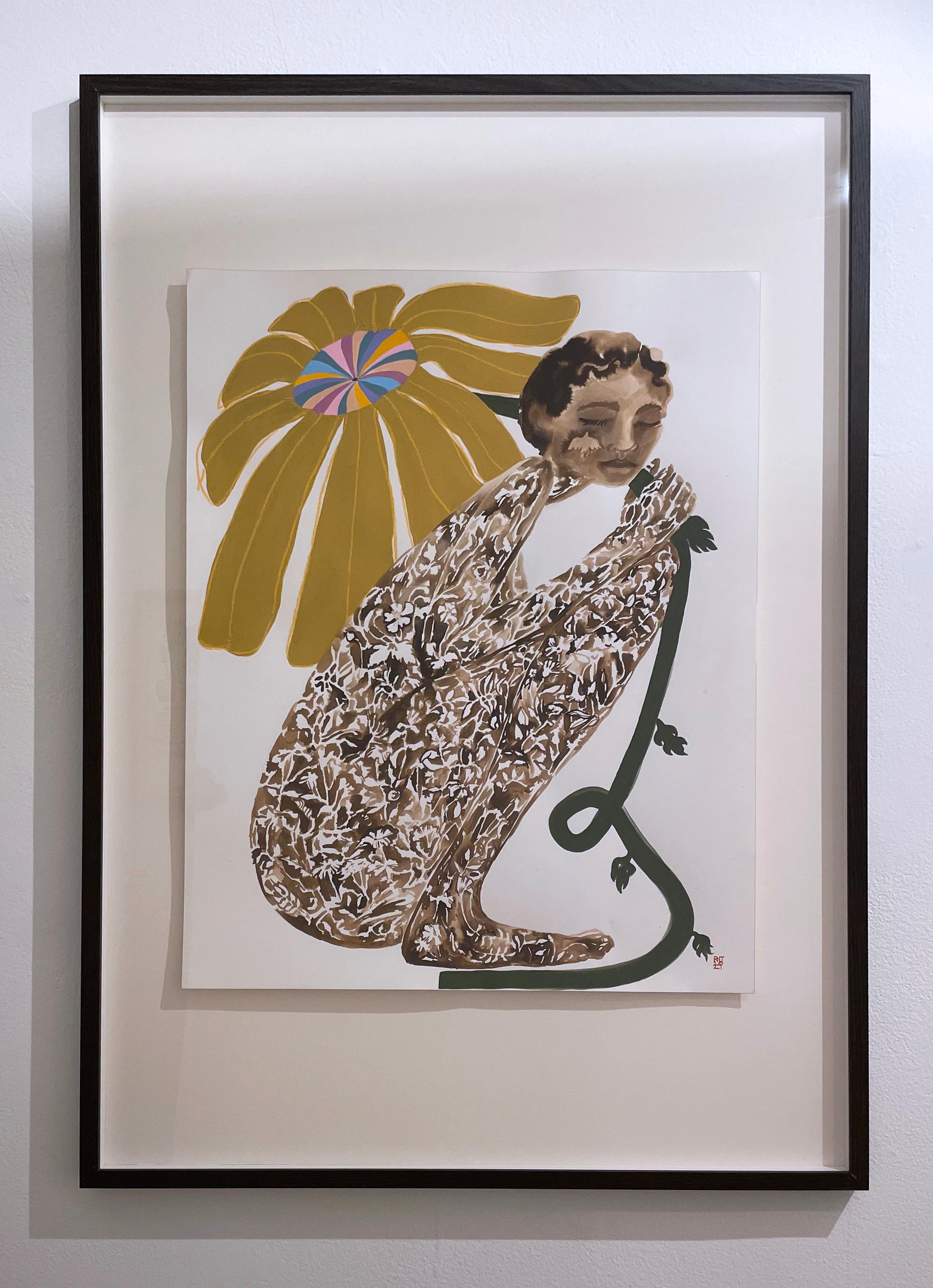 Daisy Daydream, 2021, female figure, flower, plant, earth tones, brown, pastels - Painting by Rebecca Johnson