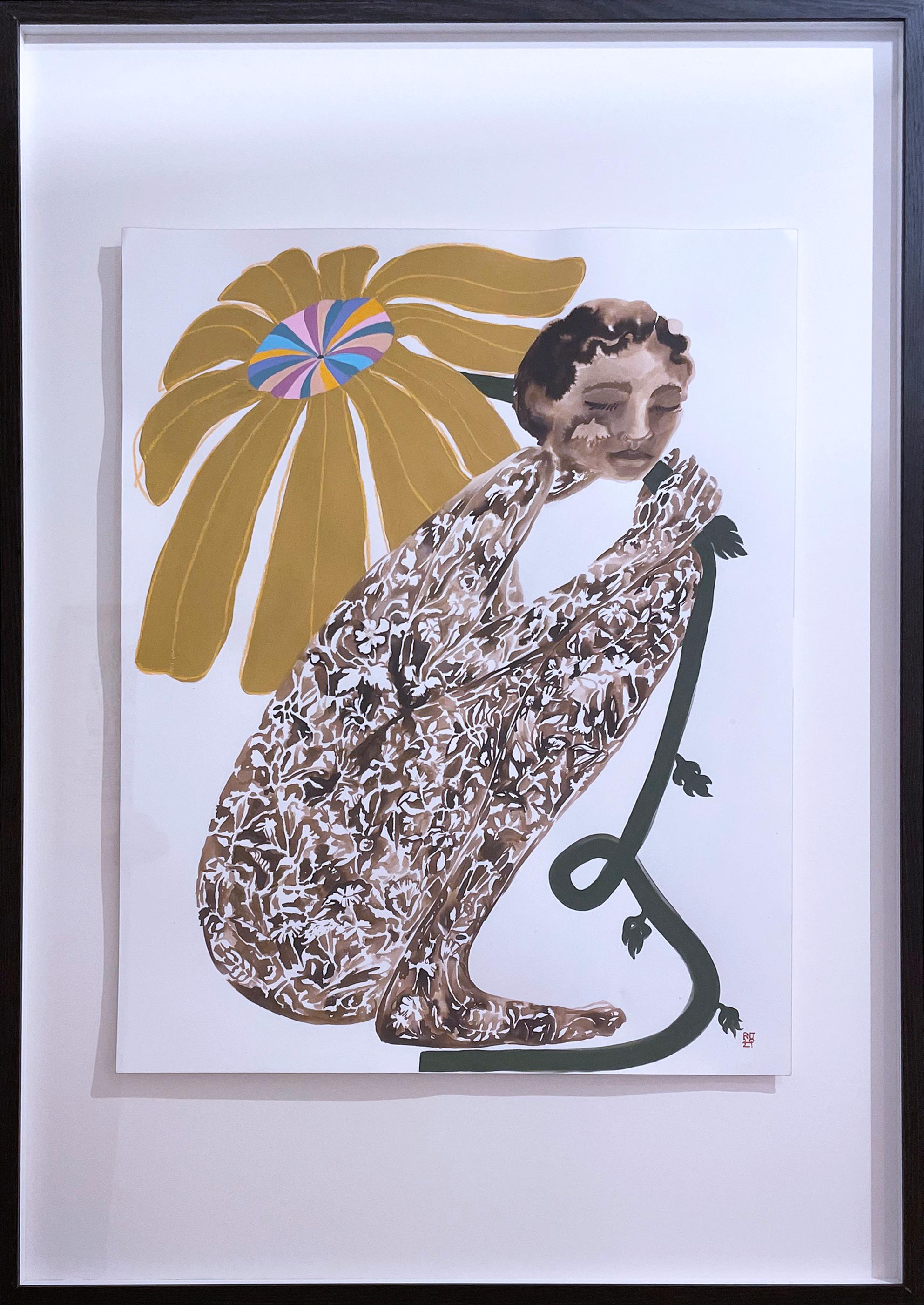 Die Gänseblümchen Daisy Daydream, 2021, weibliche Figur, Blume, Pflanze, Erdtöne, Braun, Pastelltöne (Zeitgenössisch), Painting, von Rebecca Johnson