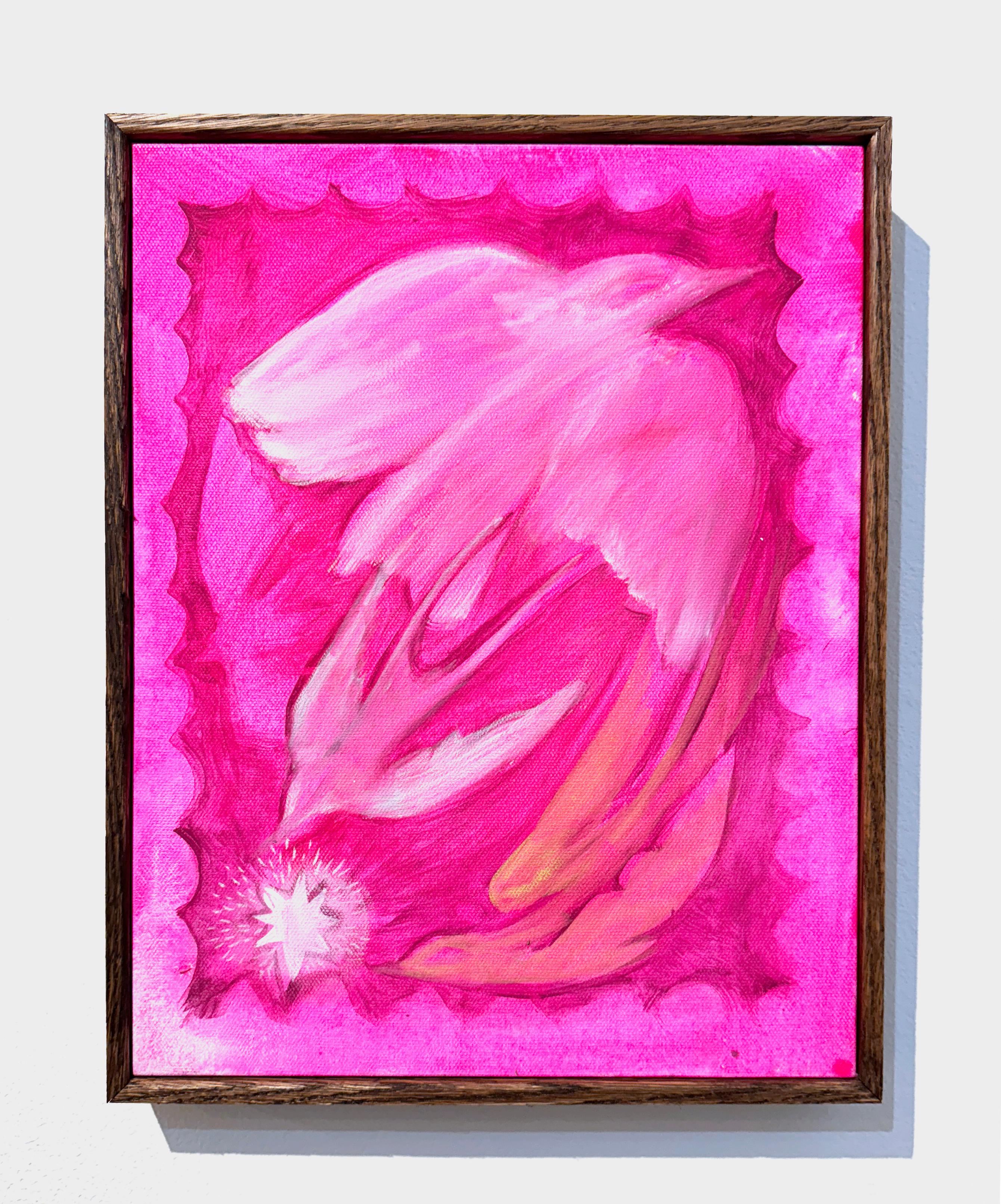 Flair (2024), palomas de estilo neo-folk en rosa vibrante con estrella y borde decorativo - Painting de Rebecca Johnson