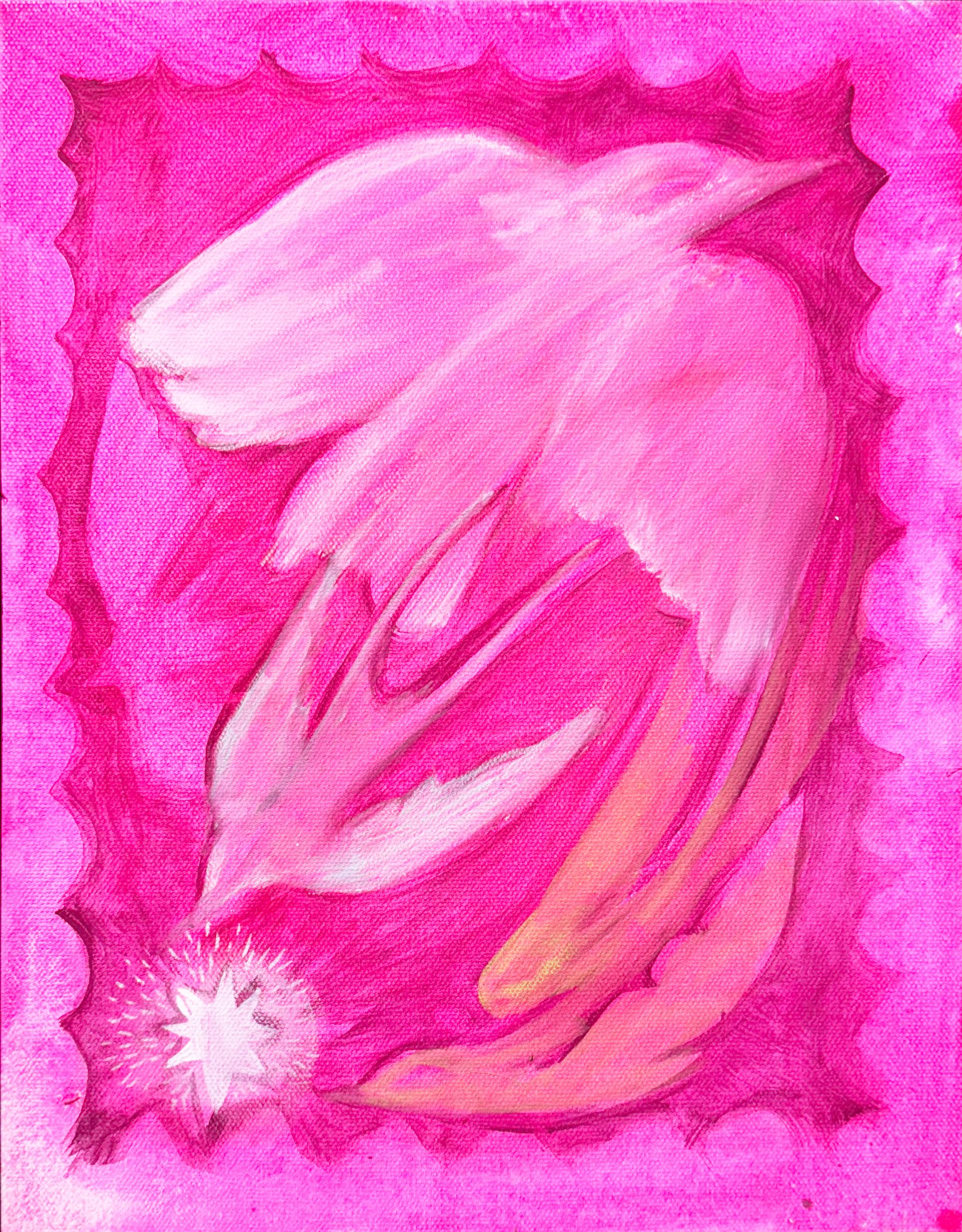 Flair (2024), palomas de estilo neo-folk en rosa vibrante con estrella y borde decorativo - Painting Contemporáneo de Rebecca Johnson