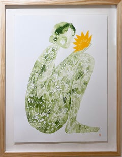 Ossages, 2021, female figure, sun flower, earth tones, yellow & deep green