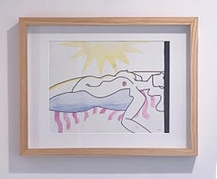 Pandora Rose, 2021, figura femenina, tomando el sol, pintura amarilla, azul y rosa