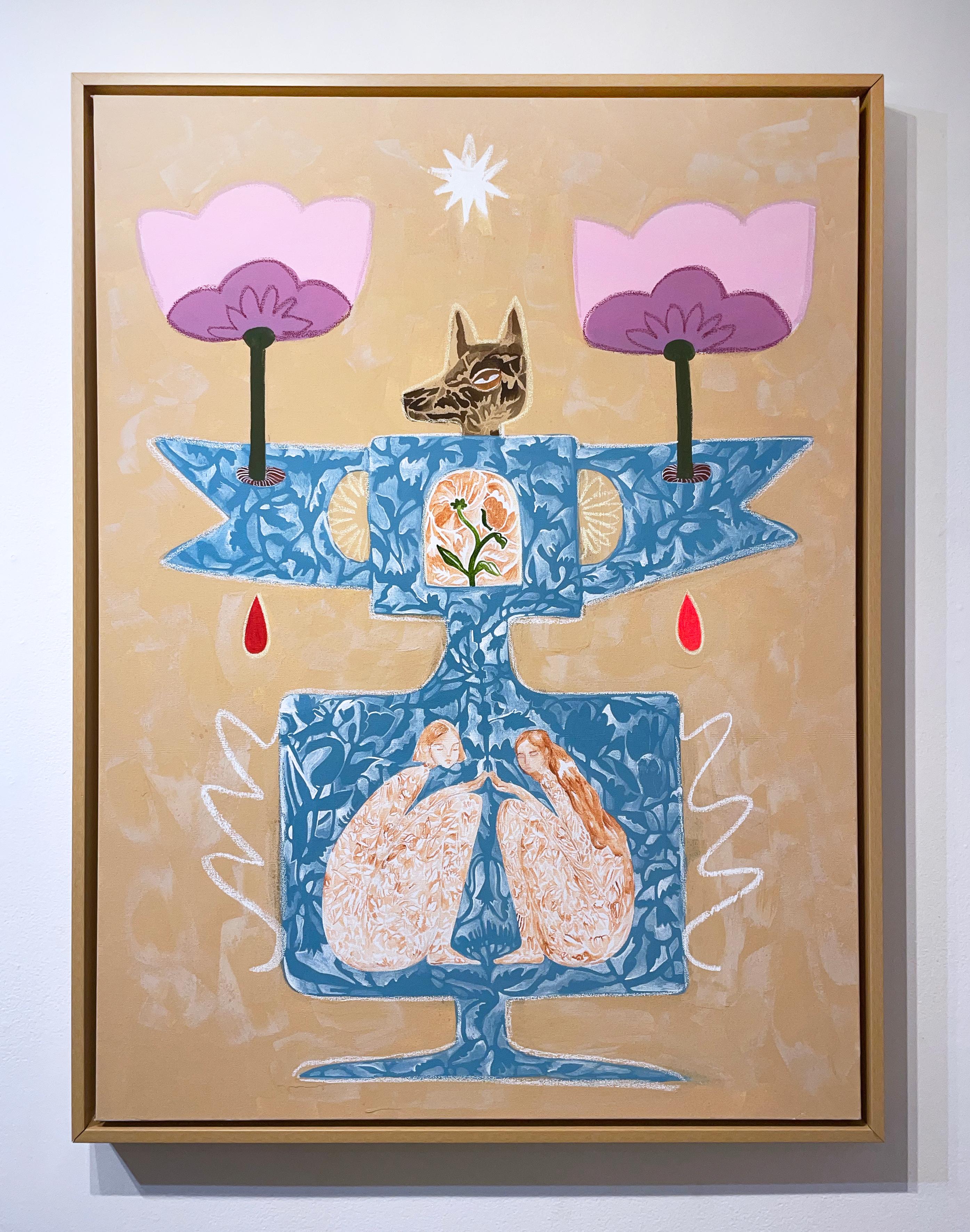 So We Don't Forget, 2021, earth tones painting, totem, figures, dog, florals - Painting by Rebecca Johnson