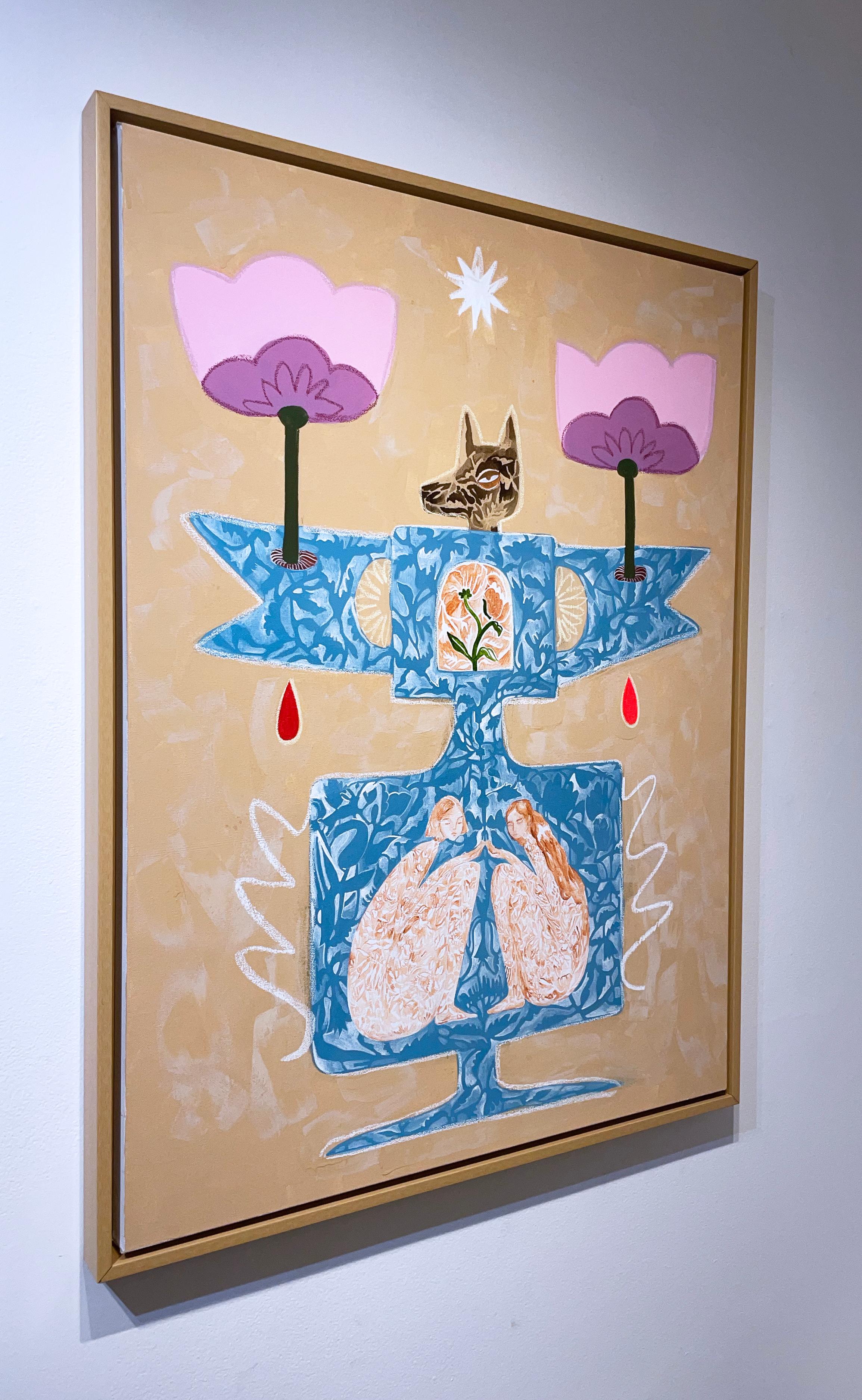 Tonalità della terra, totem con figure femminili, cane, fiori; pittura a calce, inchiostro acrilico, flashe e pastello su tela; cornice in legno flottante personalizzata; ispirata all'arte popolare.

Firmato a mano dall'artista
COA incluso