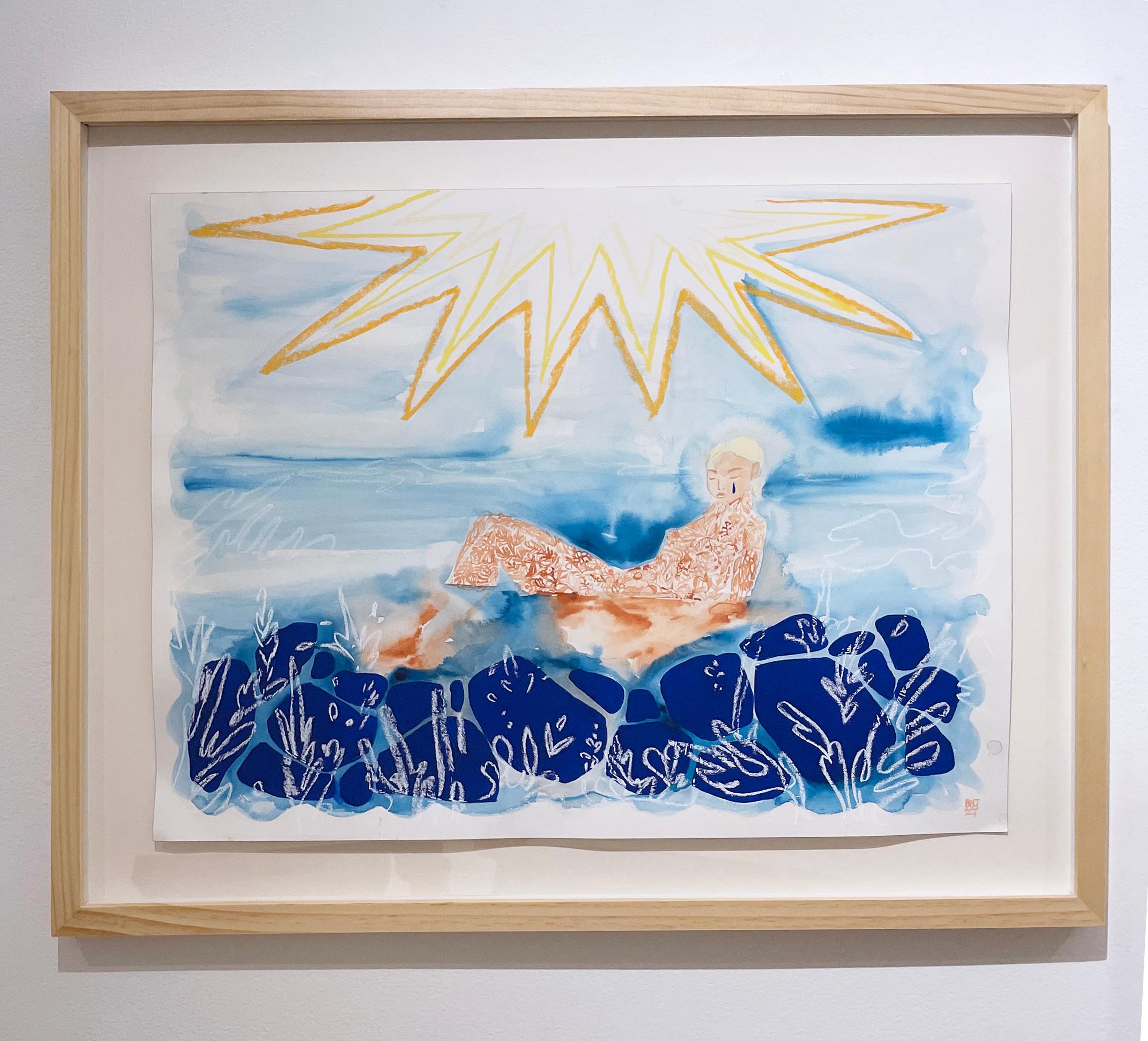 Sunbath, 2021, seascape, female figure, swimmer, ocean, sun, blue, yellow, gold - Painting by Rebecca Johnson
