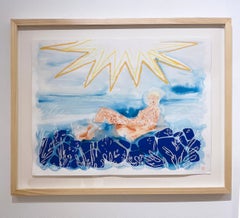 Sunbath, 2021, seascape, female figure, swimmer, ocean, sun, blue, yellow, gold