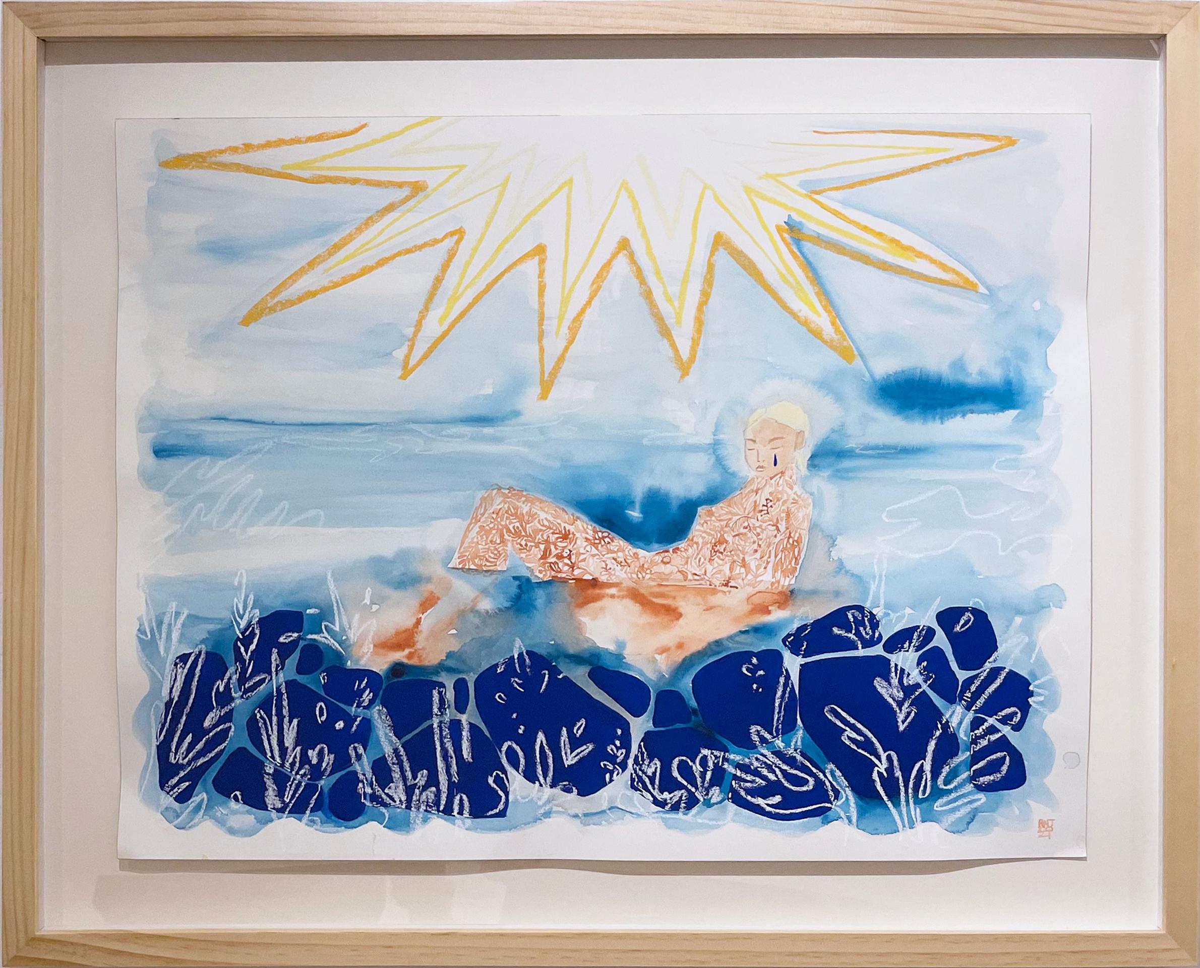 Sunbath, 2021, seascape, female figure, swimmer, ocean, sun, blue, yellow, gold - Contemporary Painting by Rebecca Johnson