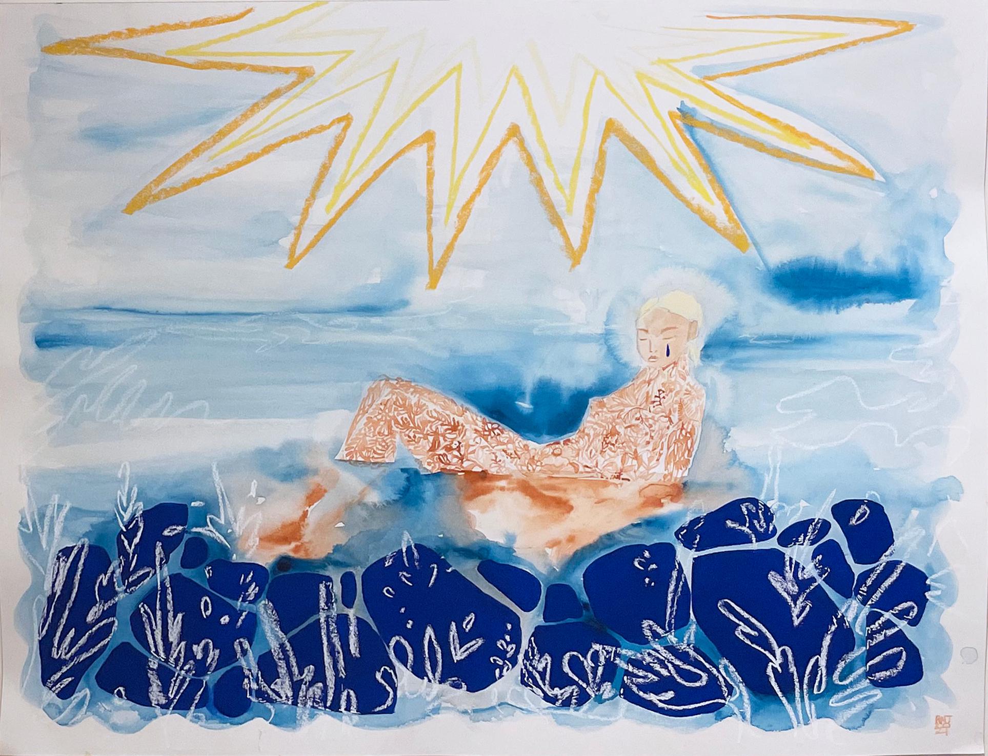 Sunbath, 2021, seascape, female figure, swimmer, ocean, sun, blue, yellow, gold - Gray Landscape Painting by Rebecca Johnson