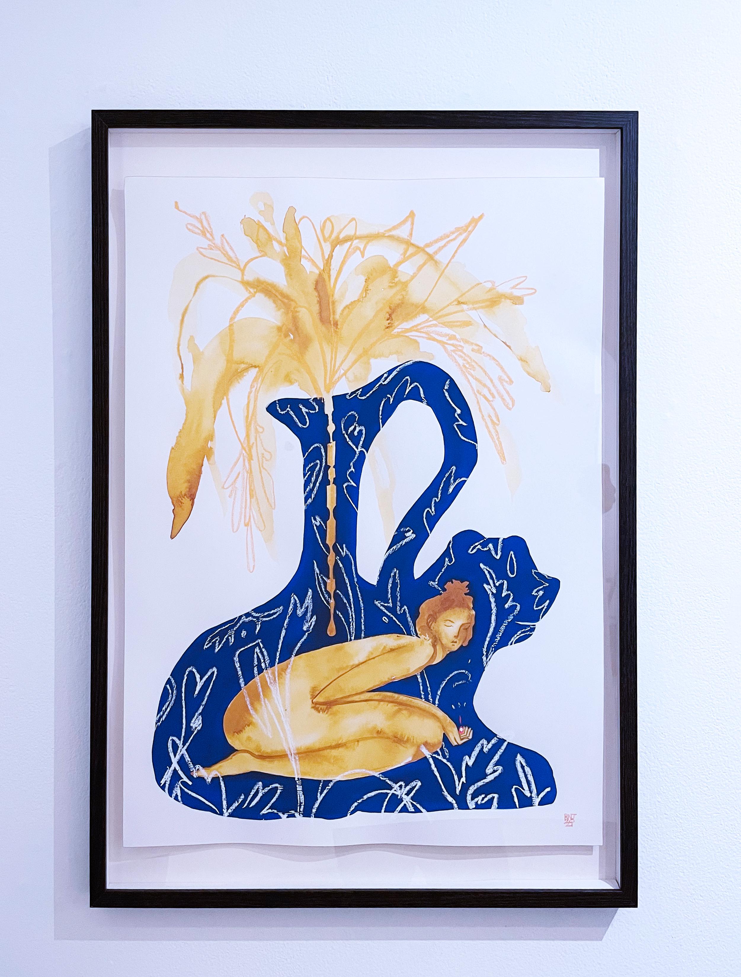 Take With Water, 2021, female figure, vase & plants, blue & gold painting - Painting by Rebecca Johnson