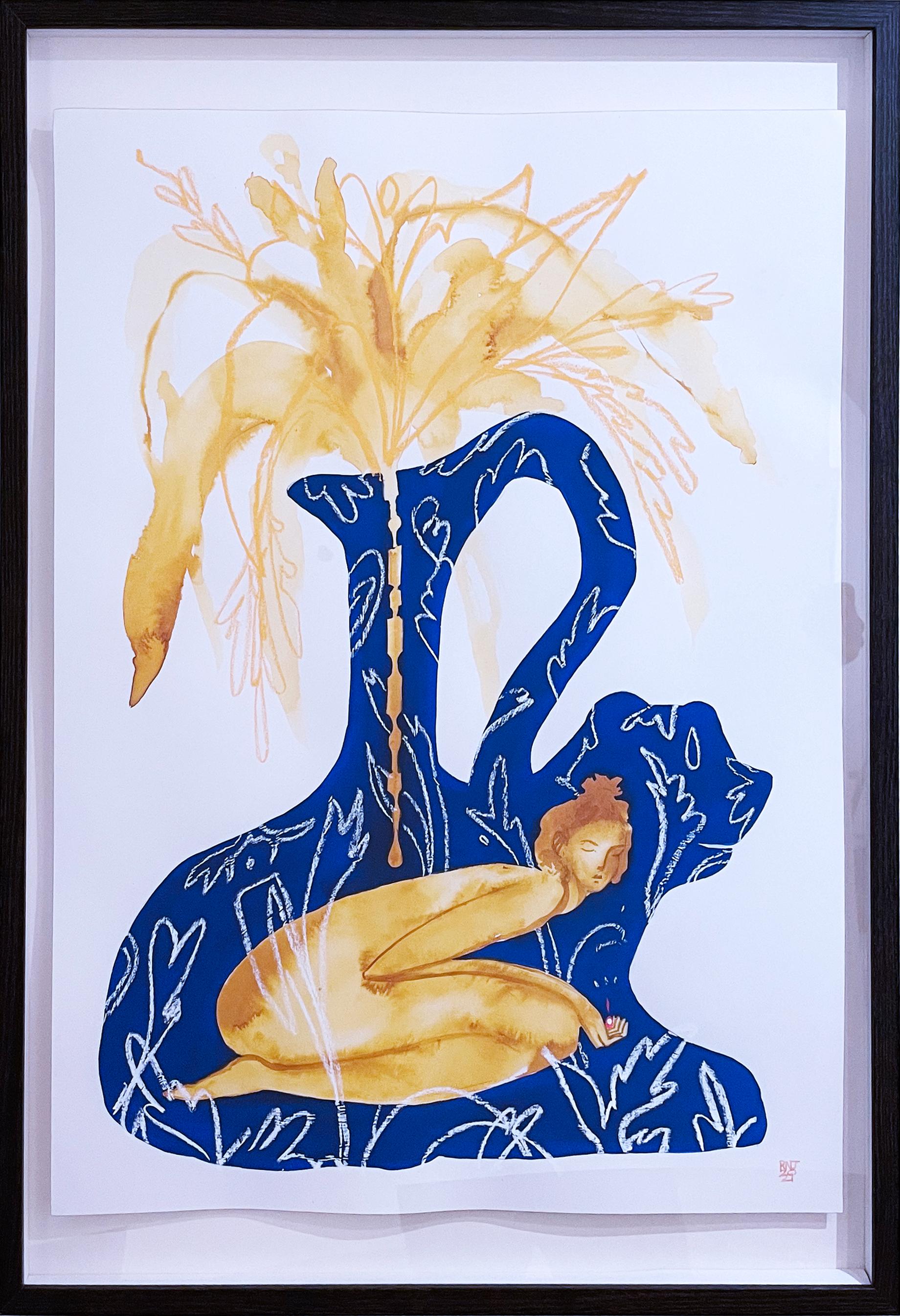 Take With Water, 2021, female figure, vase & plants, blue & gold painting - Contemporary Painting by Rebecca Johnson