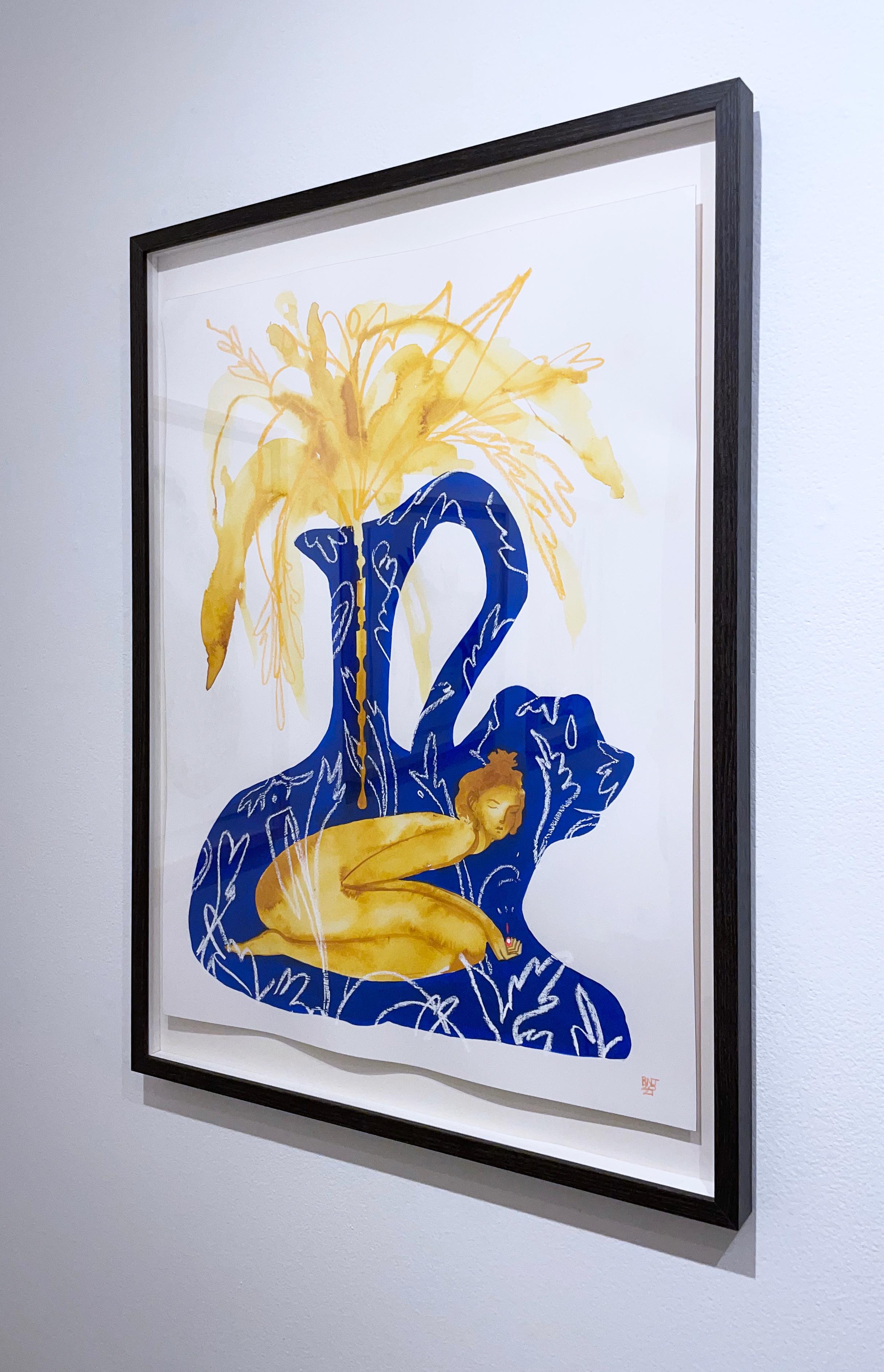 Female figure, vase, foliage, florals; acrylic ink, flashe and pastel on 300g Arches hot press paper; custom framed, shallow shadow box frame. Deep blue, marigold yellow gold.  

Frame dimensions:  28 ¼ x 20 ½  x 1”