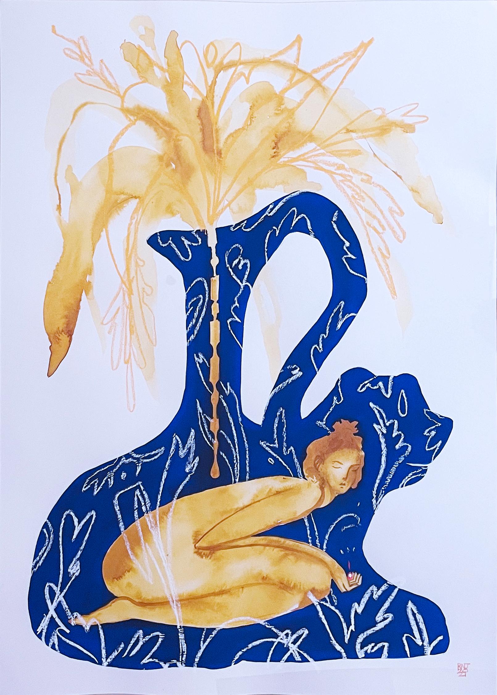 Take With Water, 2021, female figure, vase & plants, blue & gold painting For Sale 1