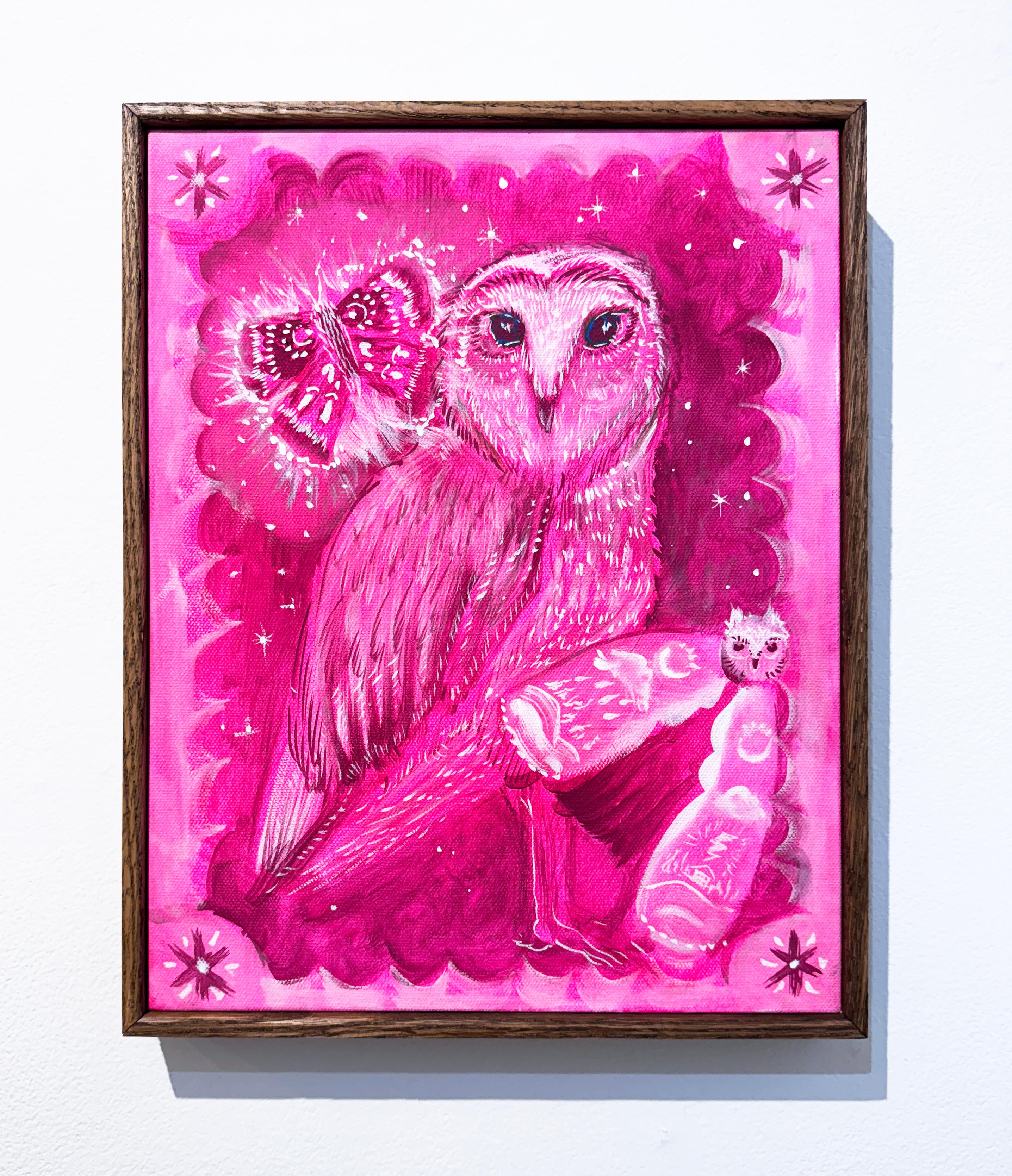 El Mago (2024), búho de estilo neo-folk en rosa vibrante con borde decorativo - Painting de Rebecca Johnson