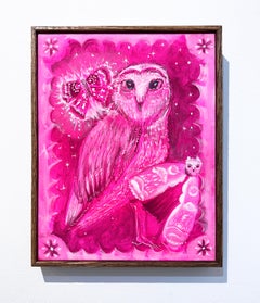 El Mago (2024), búho de estilo neo-folk en rosa vibrante con borde decorativo
