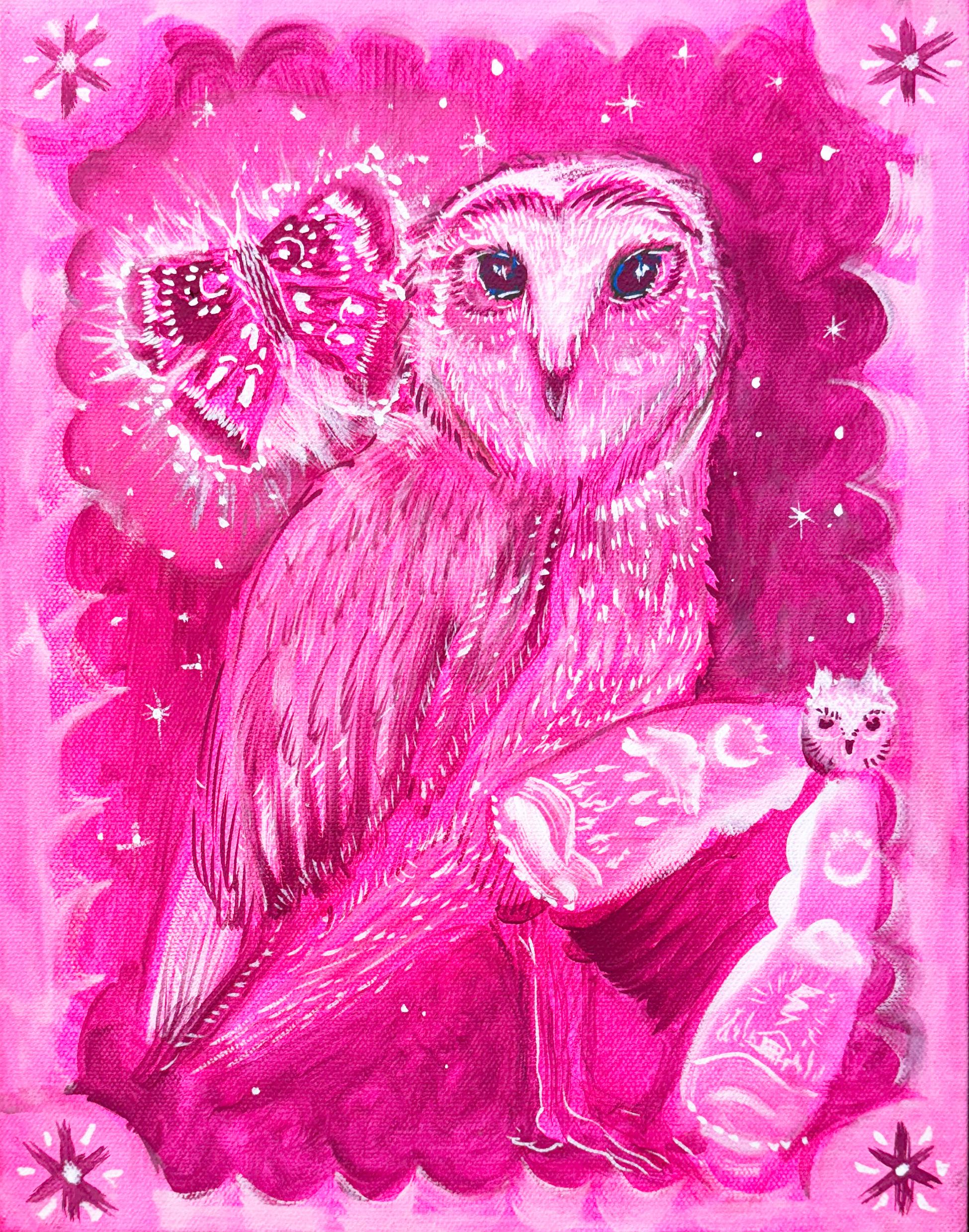 El Mago (2024), búho de estilo neo-folk en rosa vibrante con borde decorativo - Painting Contemporáneo de Rebecca Johnson