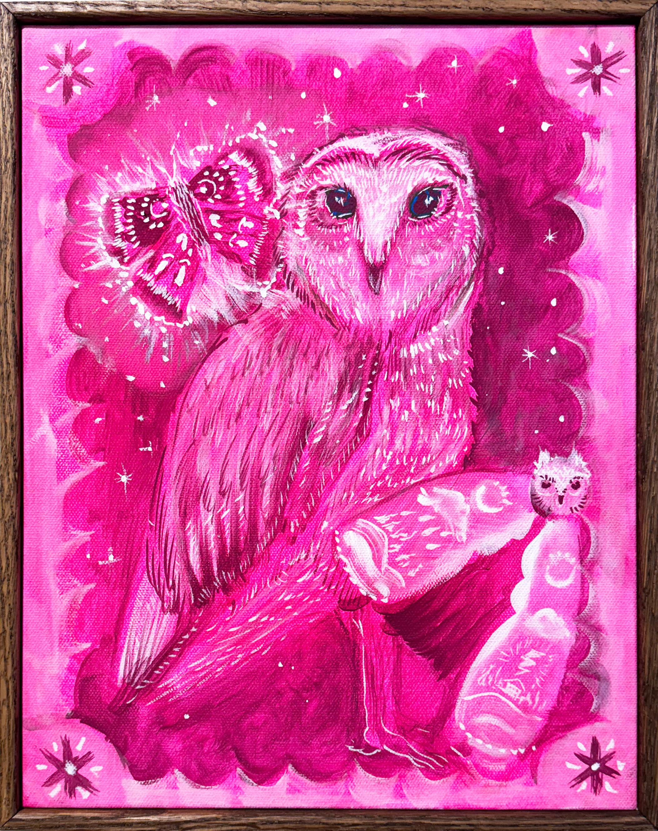 The Wizard (2024), neo-folk style owl in vibrant pink with decorative border