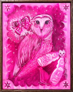 The Wizard (2024), neo-folk style owl in vibrant pink with decorative border