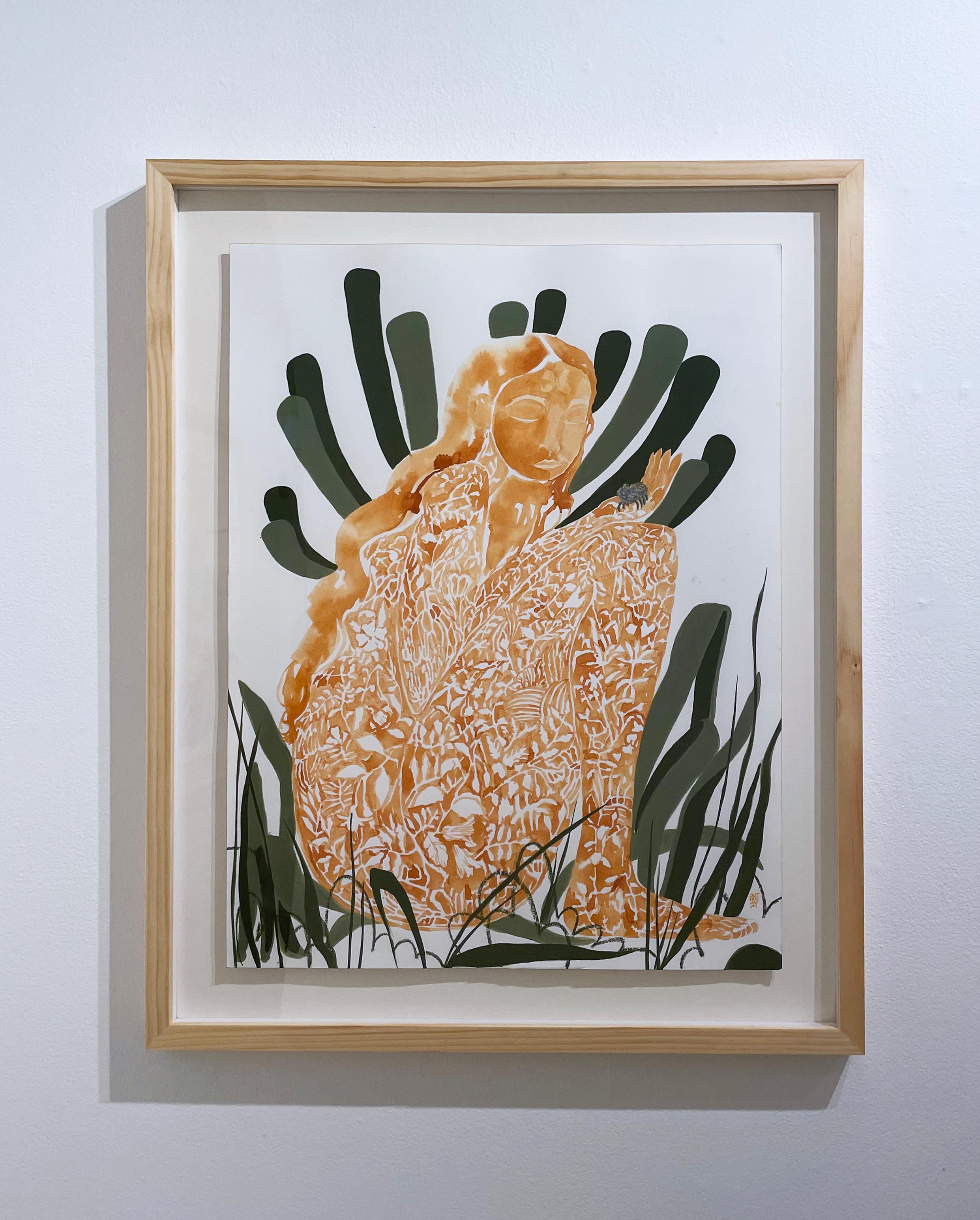Watching Pulpo, 2021, female figure, cactus, earth tones, sienna, deep green - Painting by Rebecca Johnson