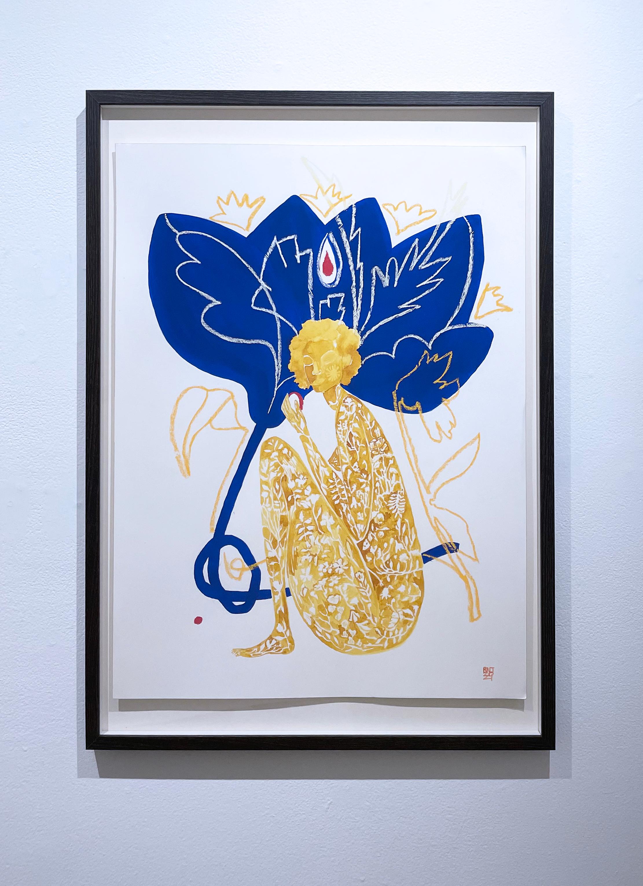 Water the Flowers, 2021, female figure & plants, leaves, blue & gold painting - Painting by Rebecca Johnson
