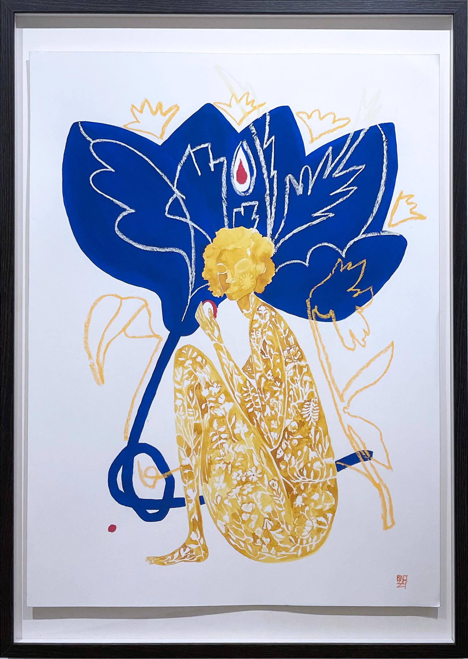 Aquarelles les fleurs, 2021, figure féminine et plantes, feuilles, peinture bleue et or - Contemporain Painting par Rebecca Johnson