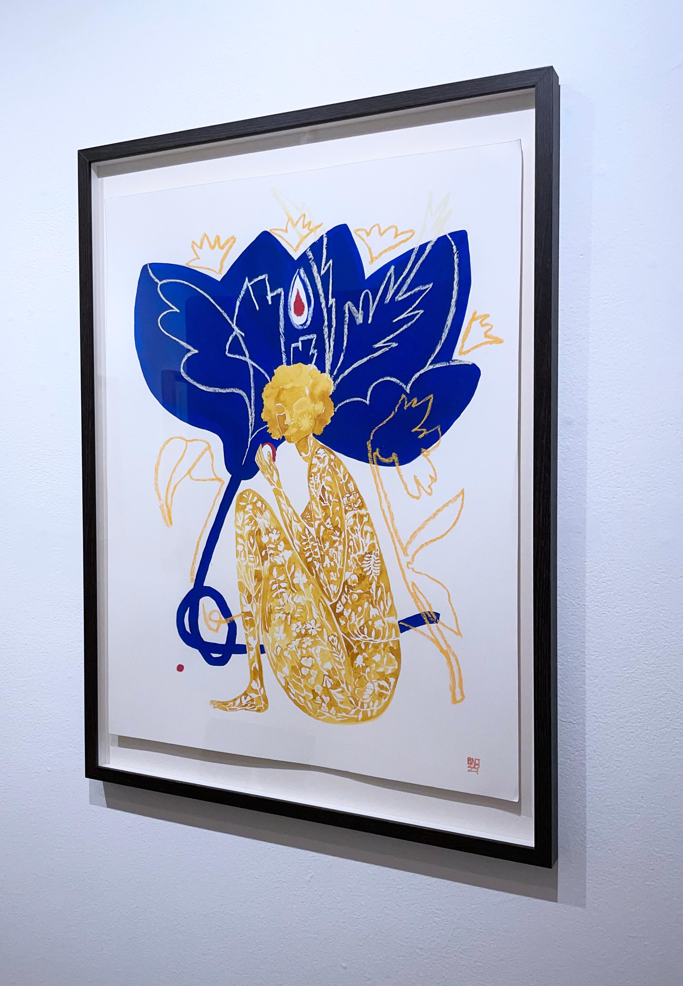 Figura femminile, fogliame, fiori; inchiostro acrilico, flashe e pastello su carta Arches da 300g con stampa a caldo; cornice su misura, con scatola da ombra poco profonda. Blu intenso, oro giallo marigold.  

Dimensioni del telaio:  28 ¼ x 20 ½  x