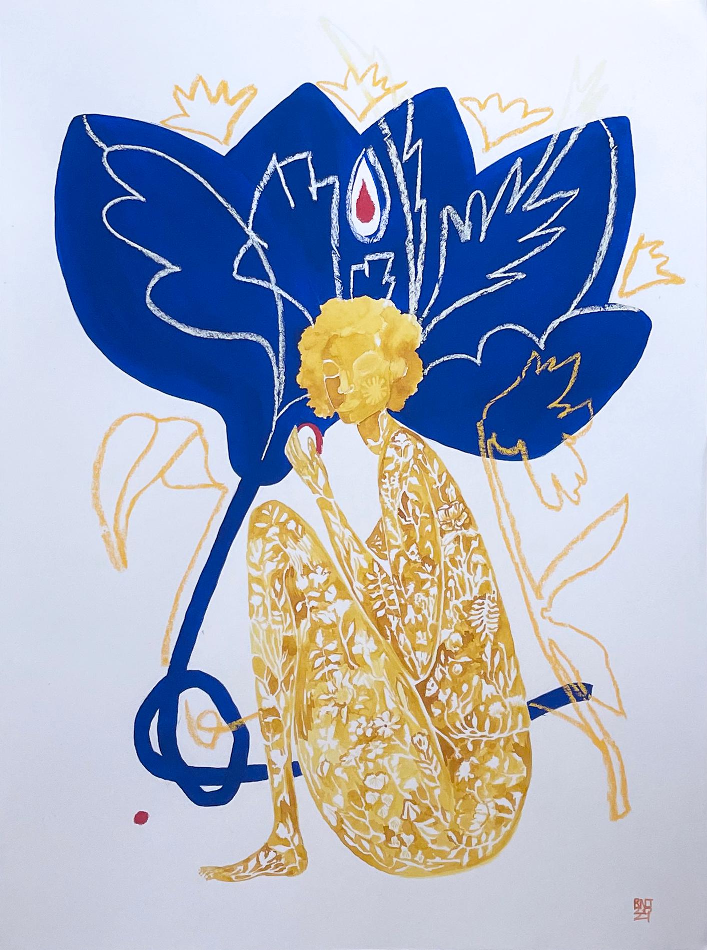 Water the Flowers, 2021, female figure & plants, leaves, blue & gold painting - Contemporary Painting by Rebecca Johnson