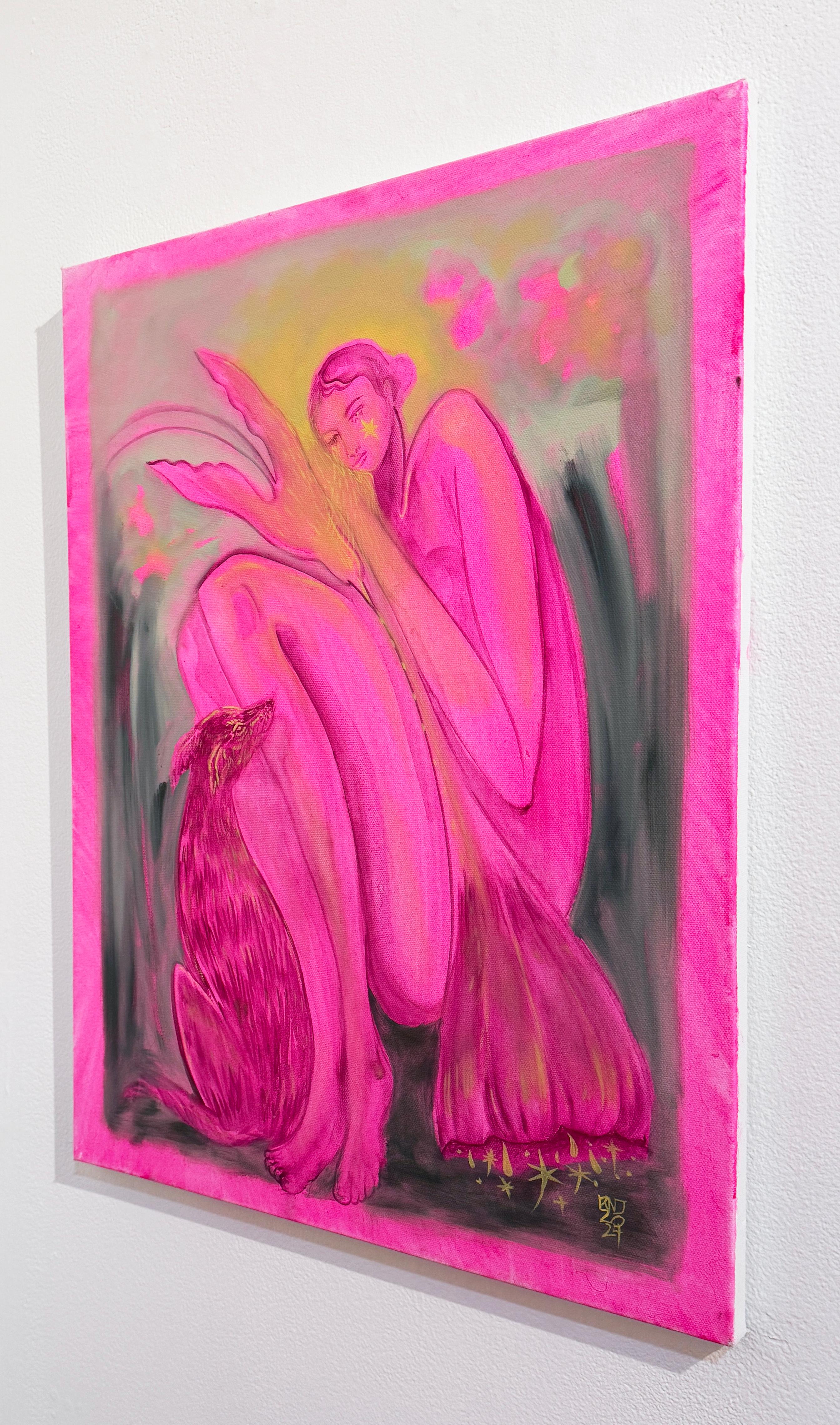 You Showed Me (2024), néo-folk, femme en rose vif avec chien, oiseau, fleur - Painting de Rebecca Johnson