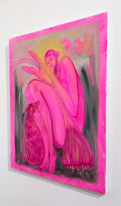 You Showed Me (2024), neo-folk, woman in vibrant pink with dog, bird, flower