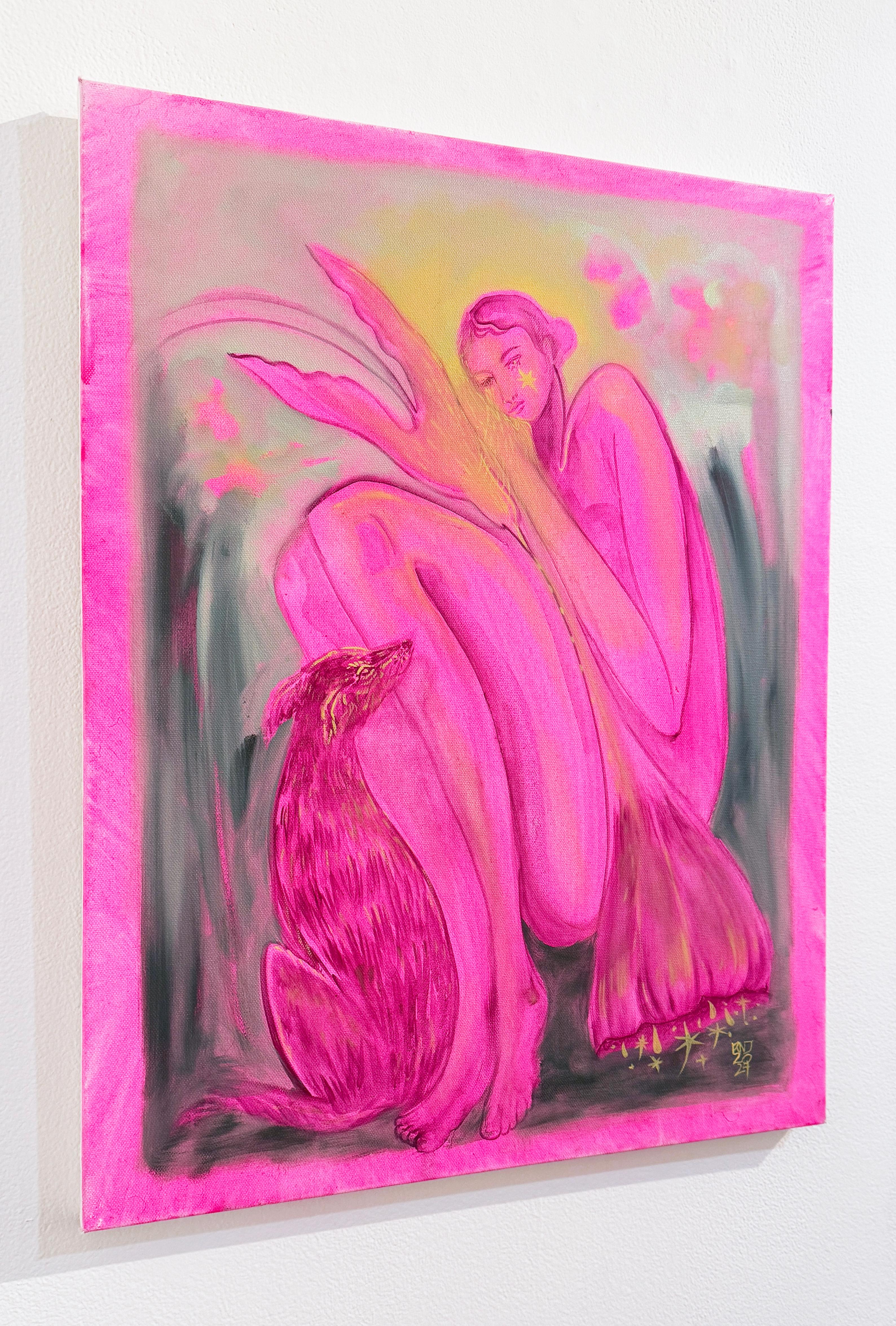 You Showed Me (2024), néo-folk, femme en rose vif avec chien, oiseau, fleur - Contemporain Painting par Rebecca Johnson