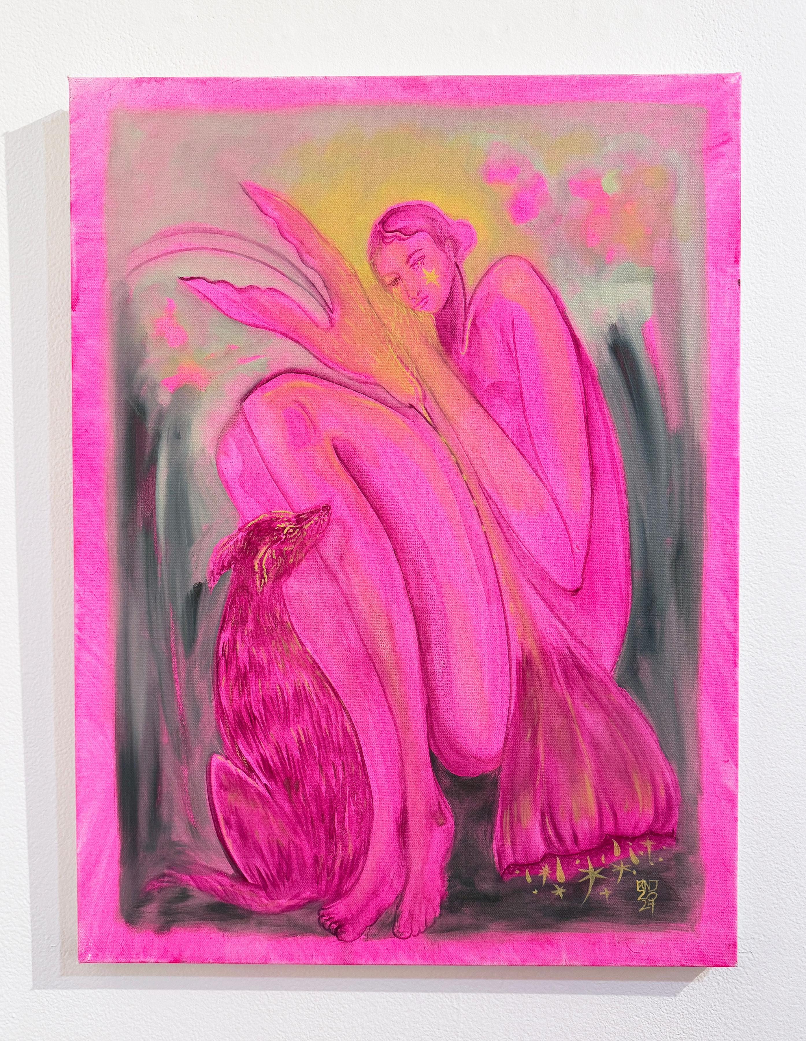 You Showed Me (2024), néo-folk, femme en rose vif avec chien, oiseau, fleur - Rose Figurative Painting par Rebecca Johnson
