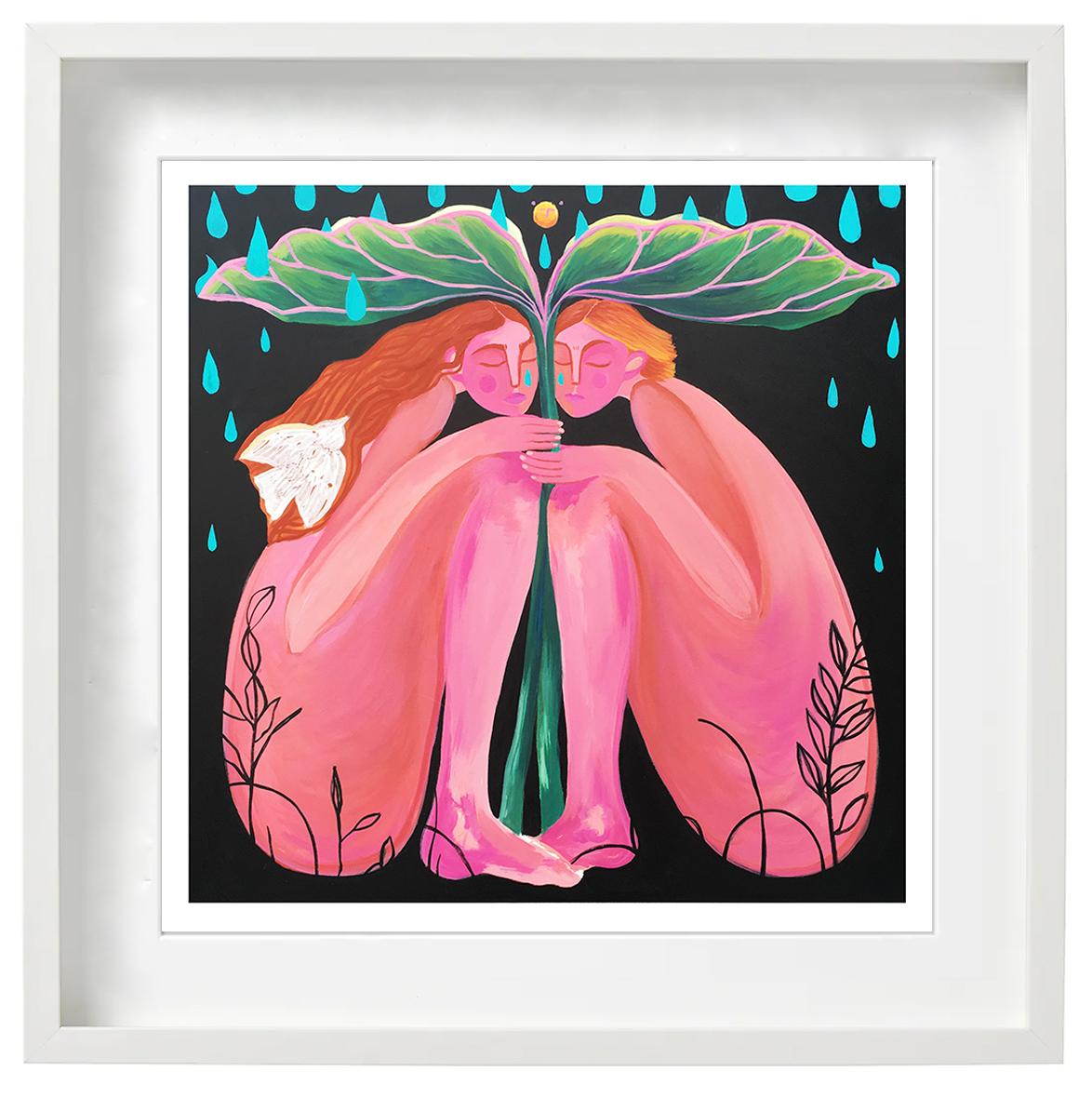 Safe, 2020, limited edition signed giclée on Moab paper, figurative, women, pink - Contemporary Print by Rebecca Johnson