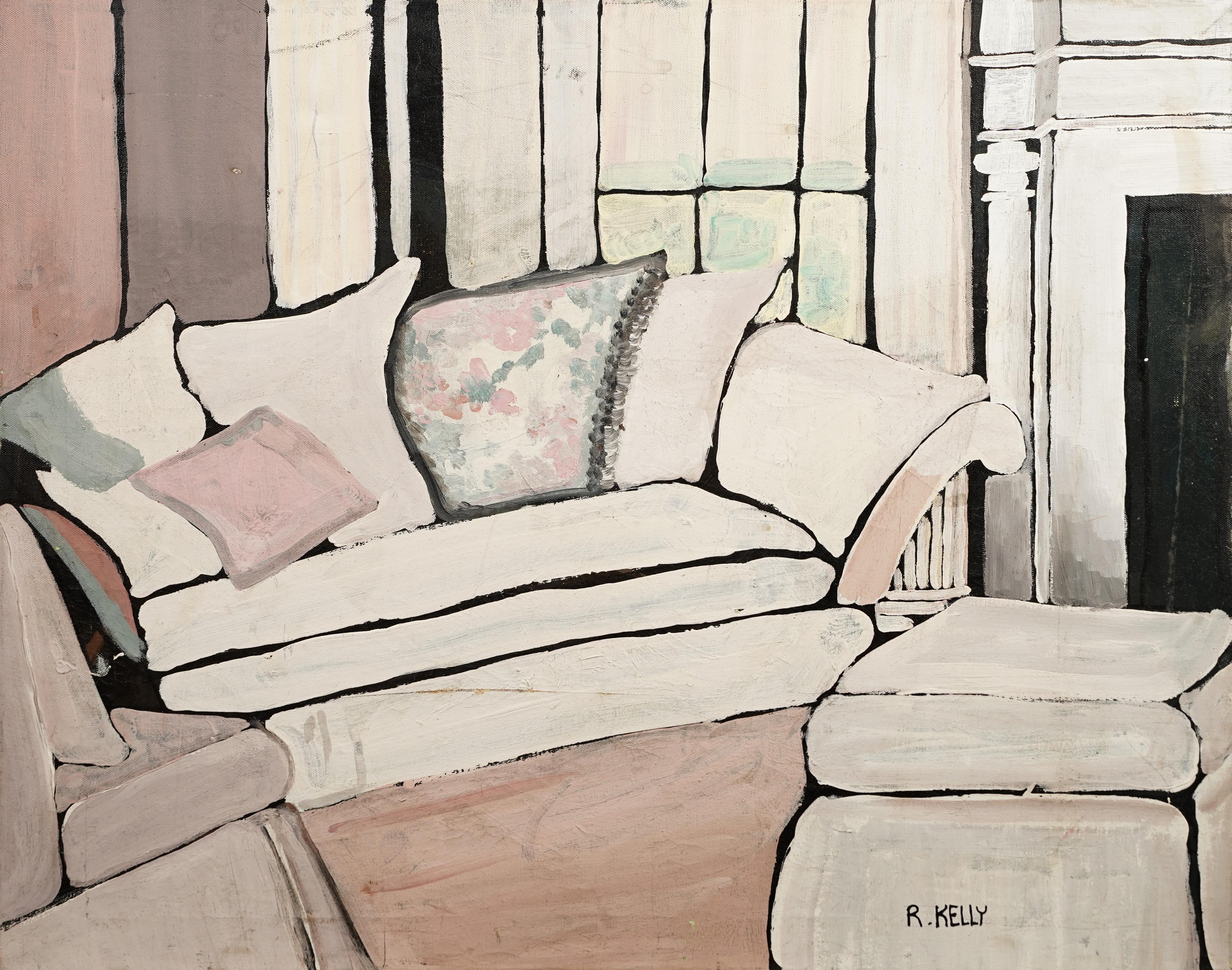 Abstraktes Gemälde der amerikanischen Moderne, R Kelly, Interieur in Rosa, signiert (Beige), Interior Painting, von Rebecca Kelly