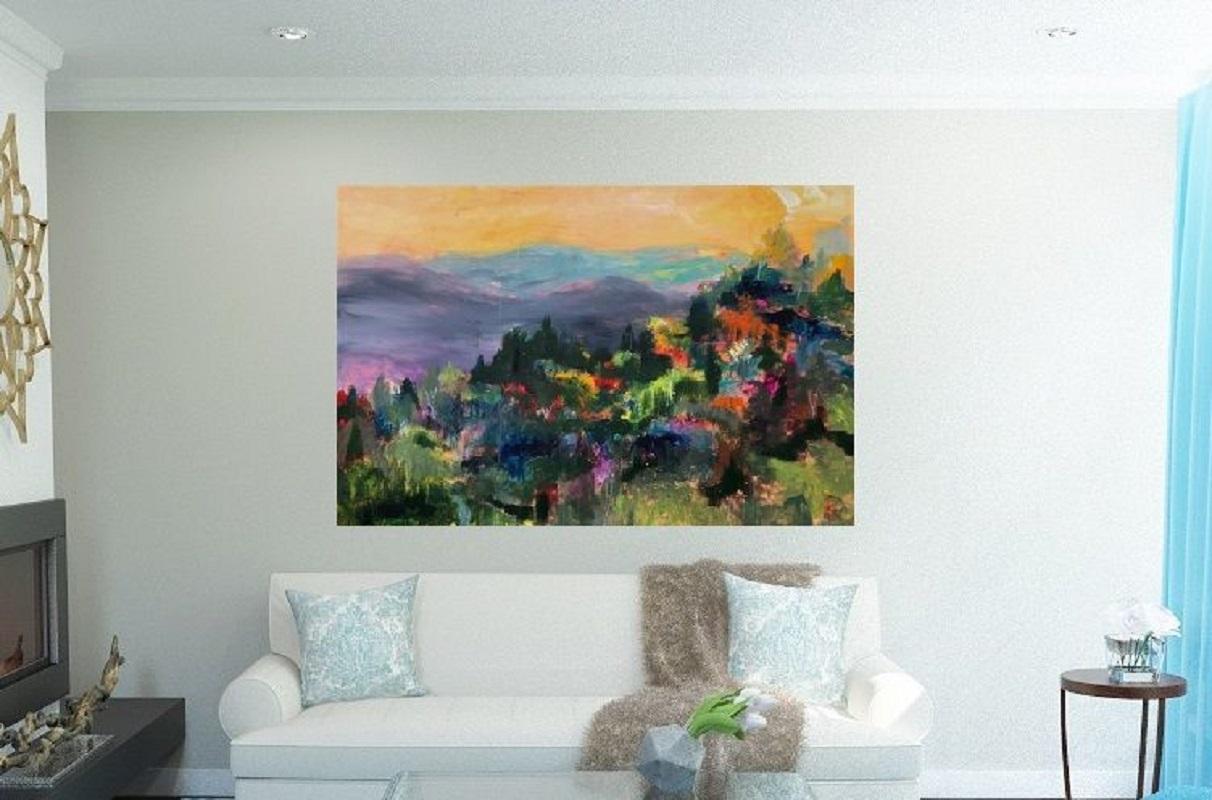 48x36x3 acrylic    This brightly colored landscape has soft colors for the distant mountains. This piece is especially for hikes it that its the  point when you are almost to the top of the mountain, but you are still on the trail. You can see the a