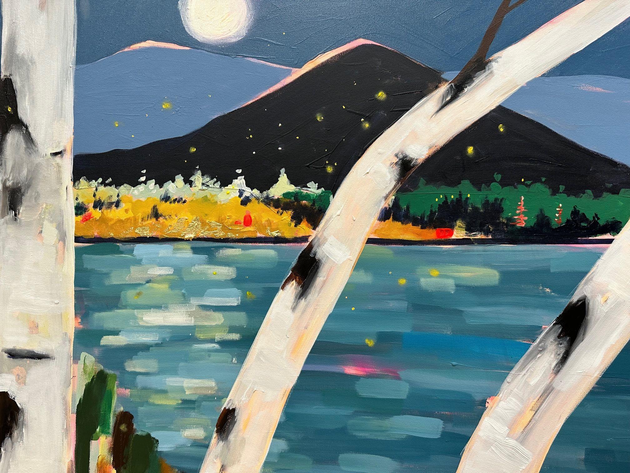 This nostalgic summertime painting is of what makes the summer special. It is twilight and the moon shines over the fireflies. The Birches are on the edge of the lake almost as if they are guardians. The shimmer of the lake says come take one more